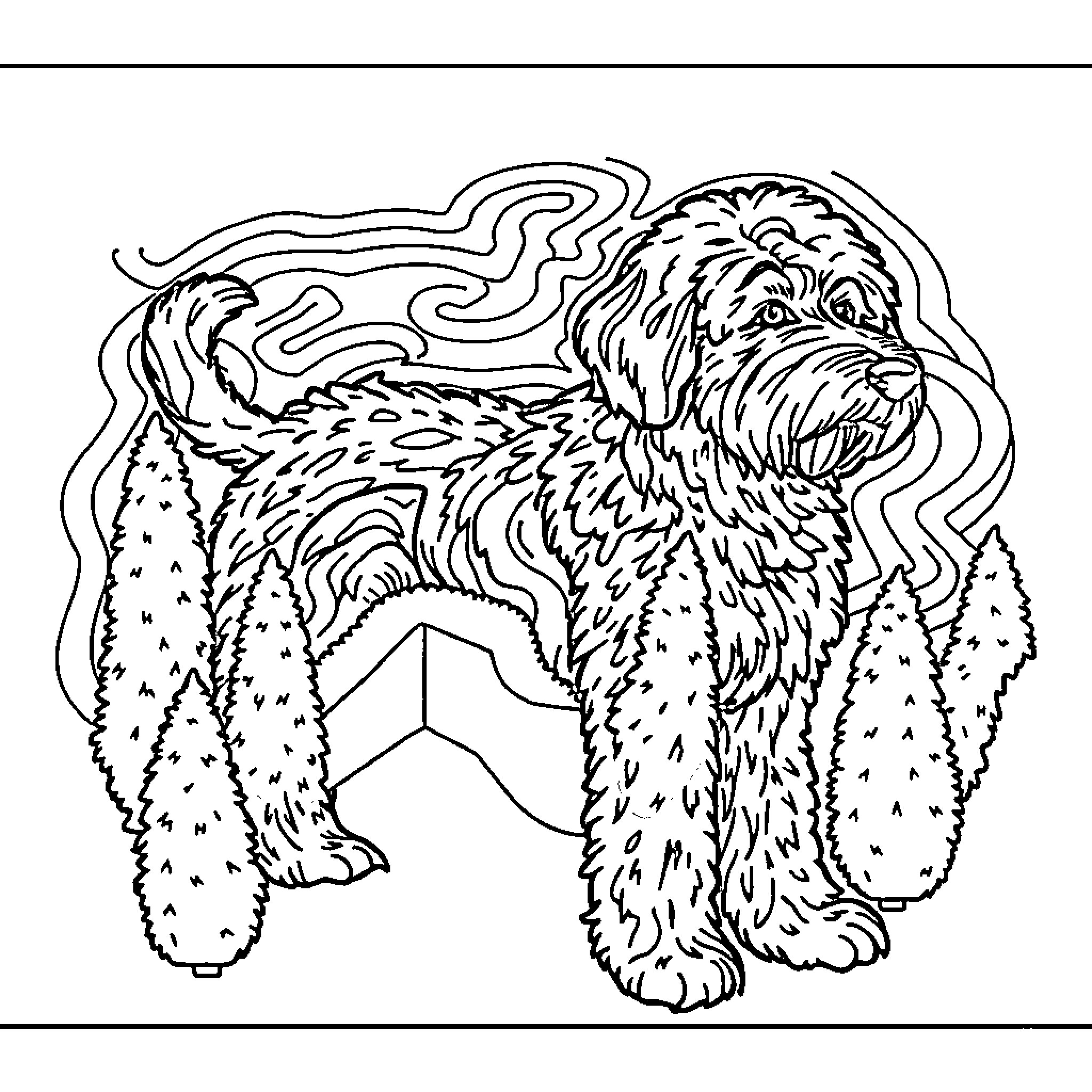 Labradoodle exploring a snowy forest Coloring Page (free black-and-white line drawing printable PDF for all, from beginners to advanced learners, including children, teens, adults, and seniors)