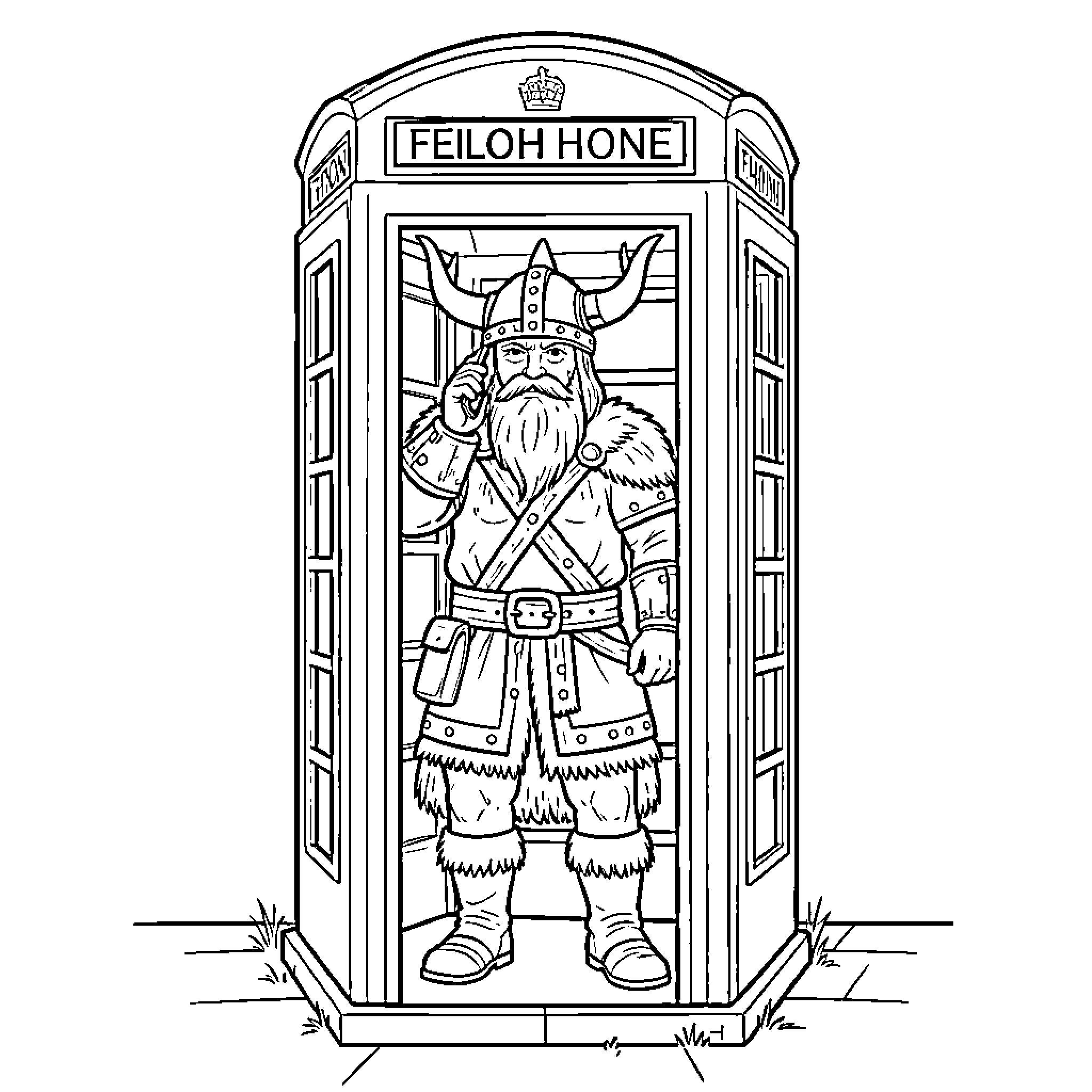 Viking warrior in a telephone booth Coloring Page (free black-and-white line drawing printable PDF for all, from beginners to advanced learners, including children, teens, adults, and seniors)