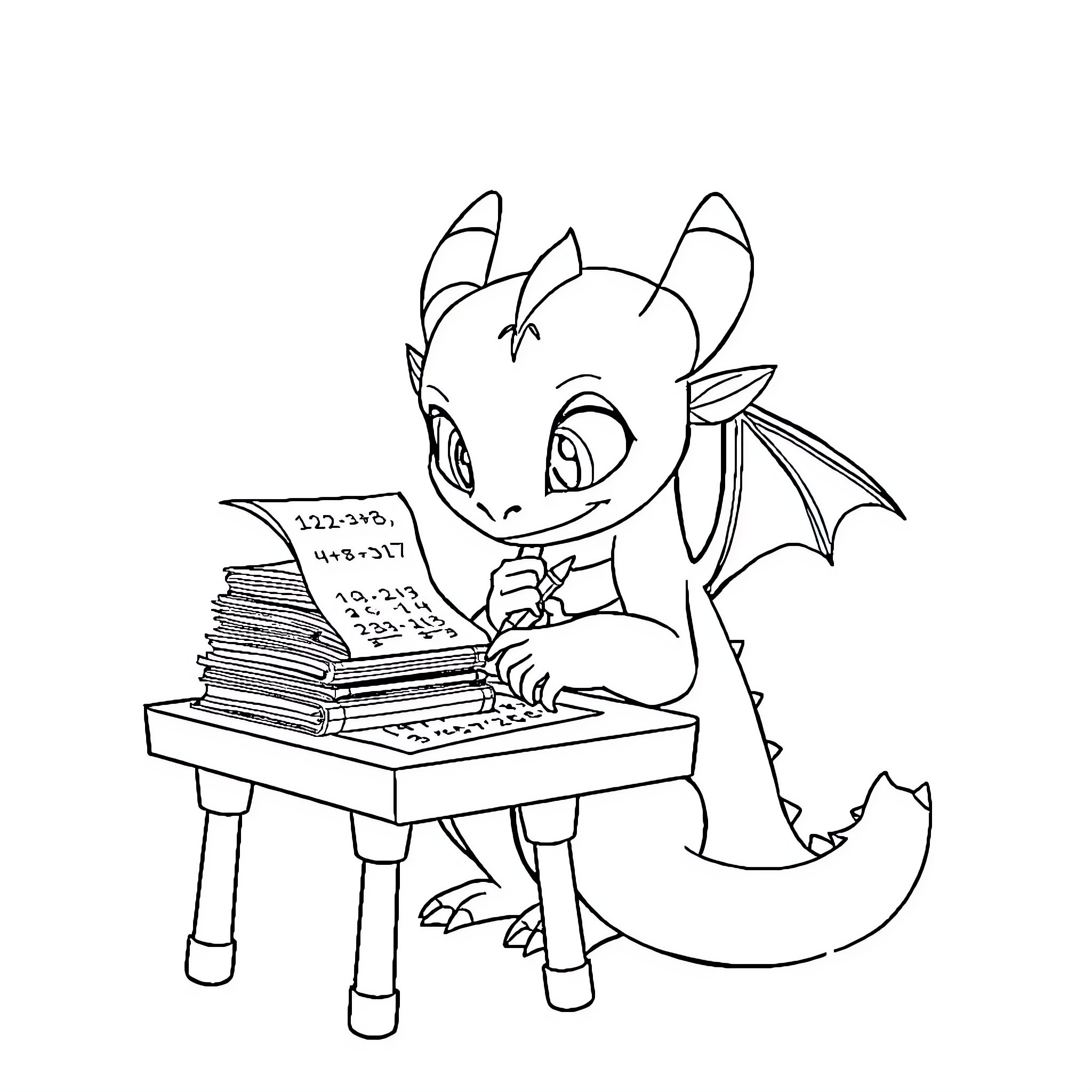 Toothless studying math at his desk Coloring Page (free black-and-white line drawing printable PDF for all, from beginners to advanced learners, including children, teens, adults, and seniors)