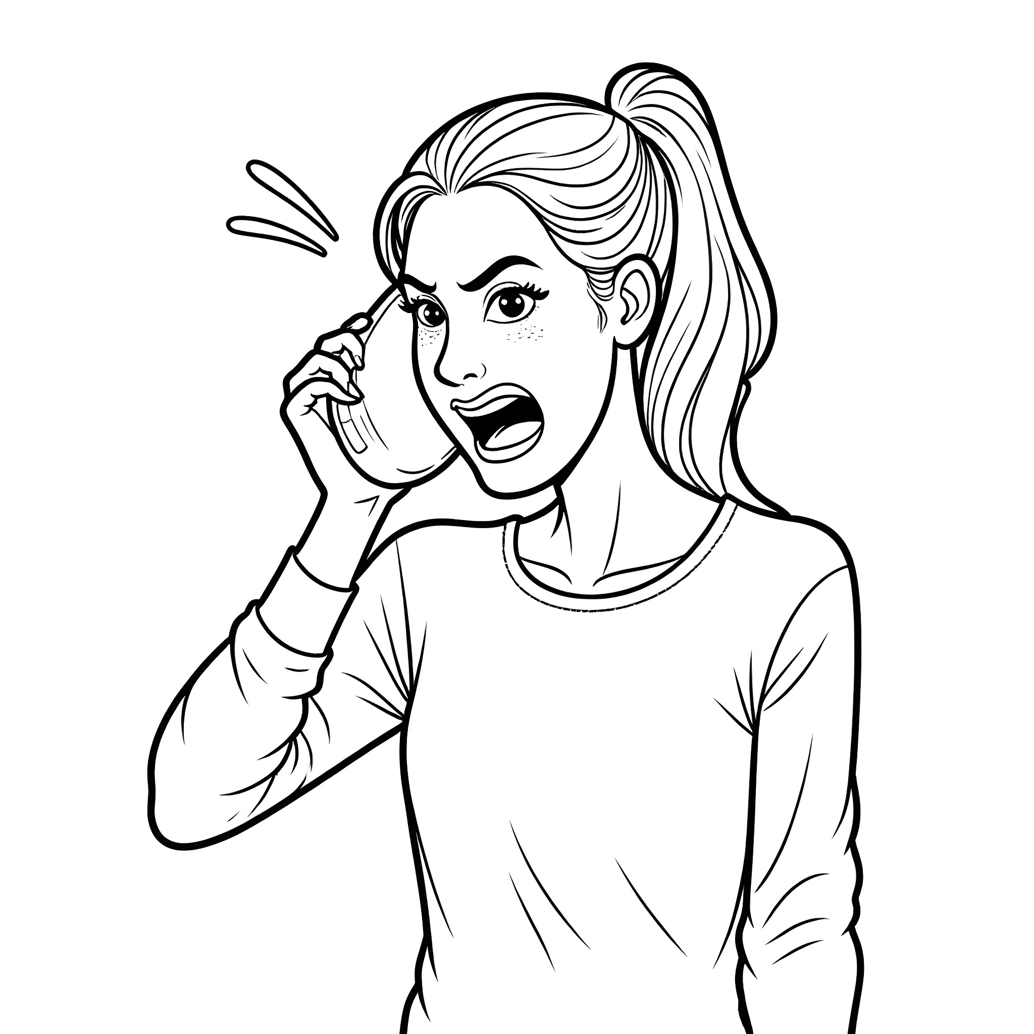 Lady on a Phone Call with Surprised Expression Coloring Page (free black-and-white line drawing printable PDF for all, from beginners to advanced learners, including children, teens, adults, and seniors)