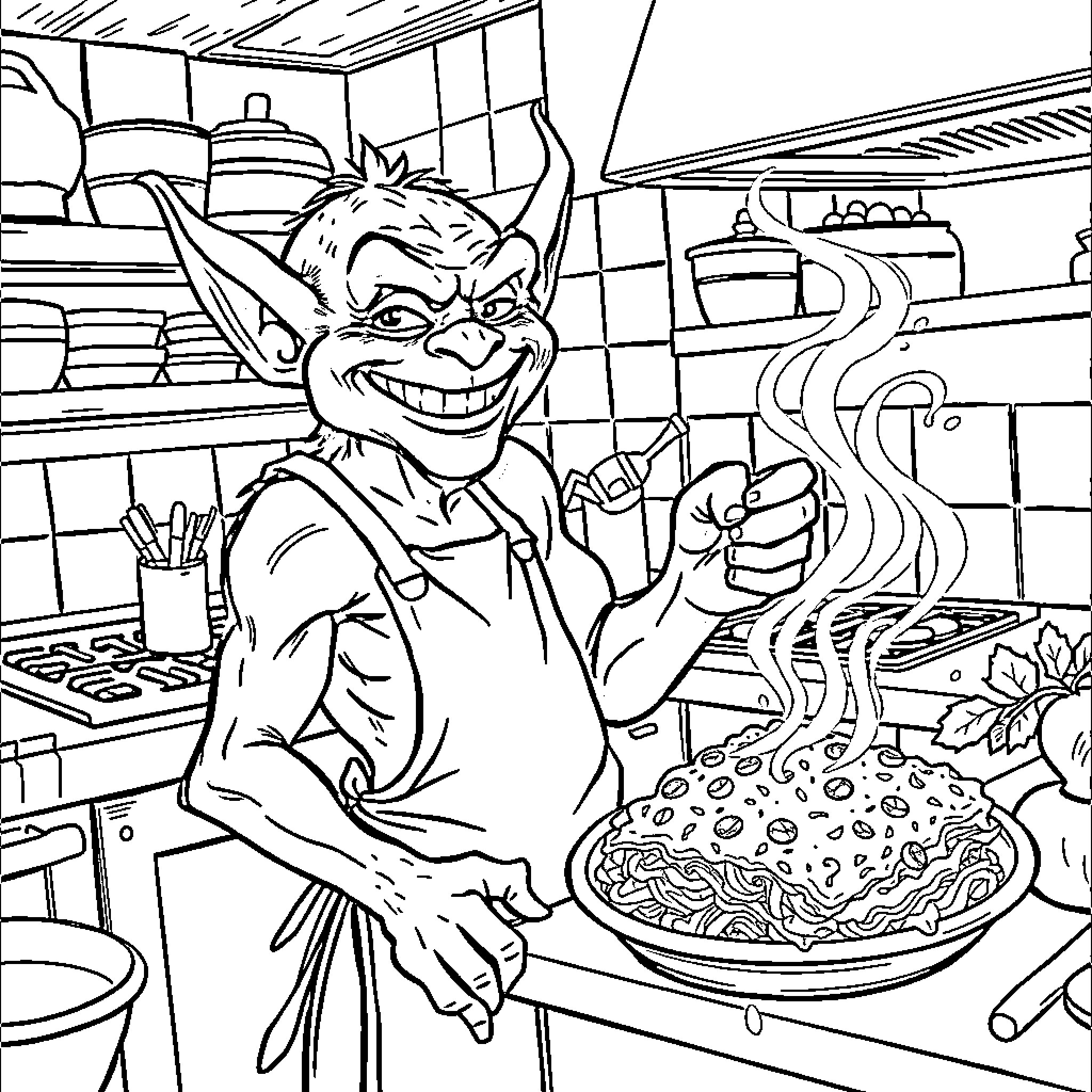 Goblin cooking up a mischievous meal in the kitchen Coloring Page (free black-and-white line drawing printable PDF for all, from beginners to advanced learners, including children, teens, adults, and seniors)