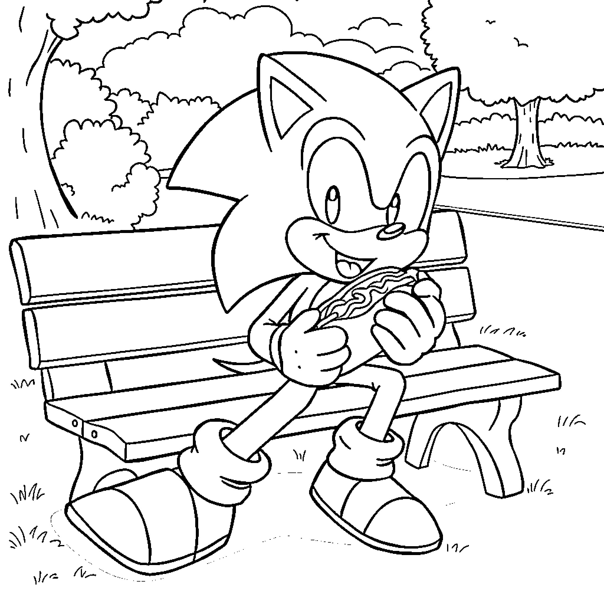Sonic resting peacefully on a park bench Coloring Page (free black-and-white line drawing printable PDF for all, from beginners to advanced learners, including children, teens, adults, and seniors)