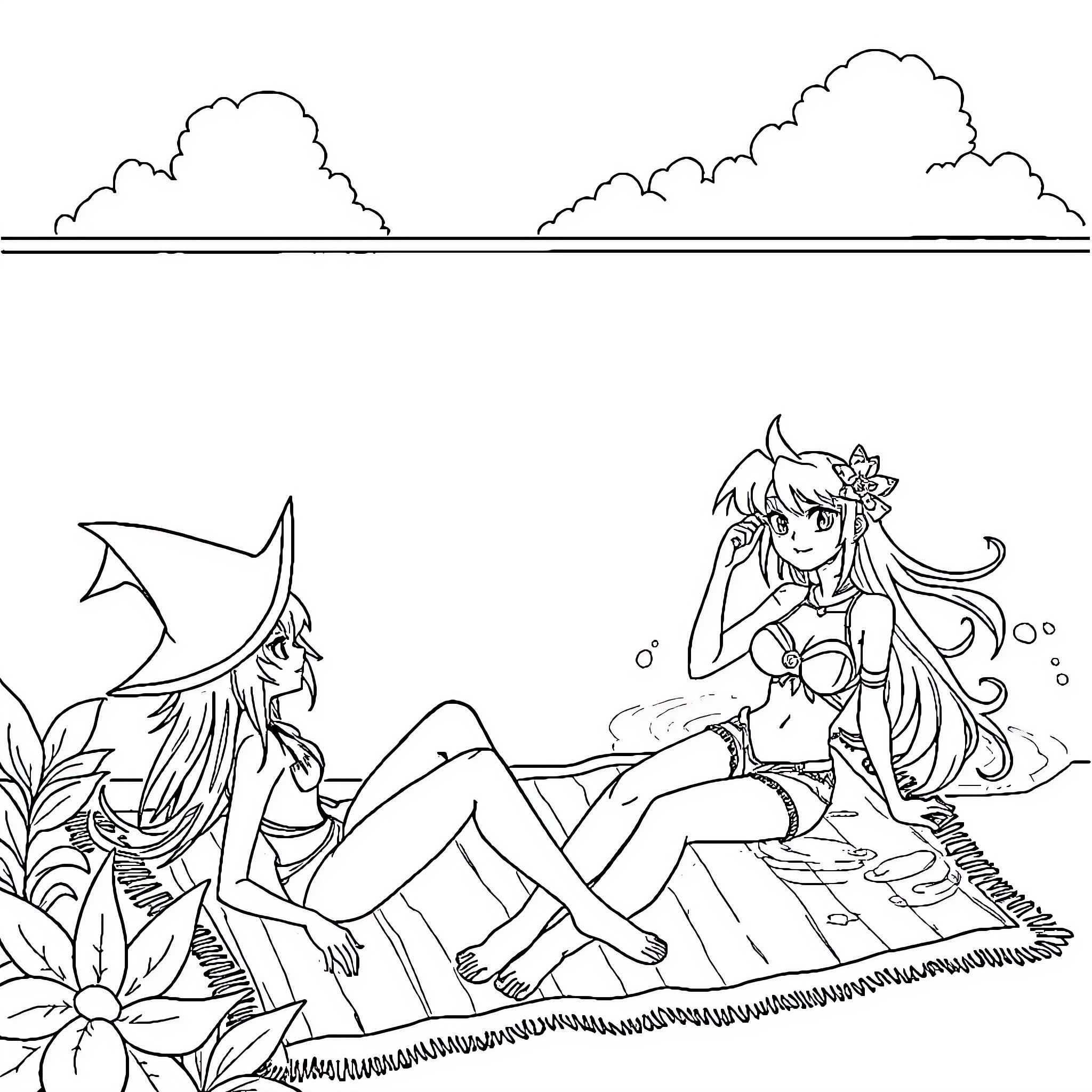 Dark Magician Girl relaxing in nature Coloring Page (free black-and-white line drawing printable PDF for all, from beginners to advanced learners, including children, teens, adults, and seniors)