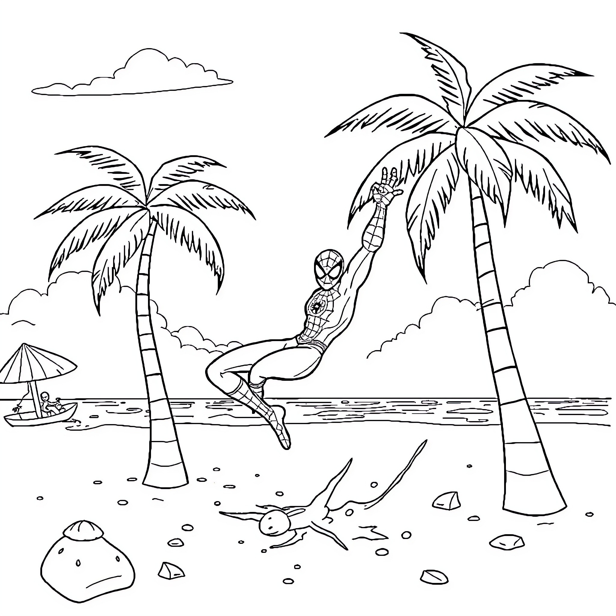 Spiderman swinging on palm trees by the beach Coloring Page (free black-and-white line drawing printable PDF for all, from beginners to advanced learners, including children, teens, adults, and seniors)