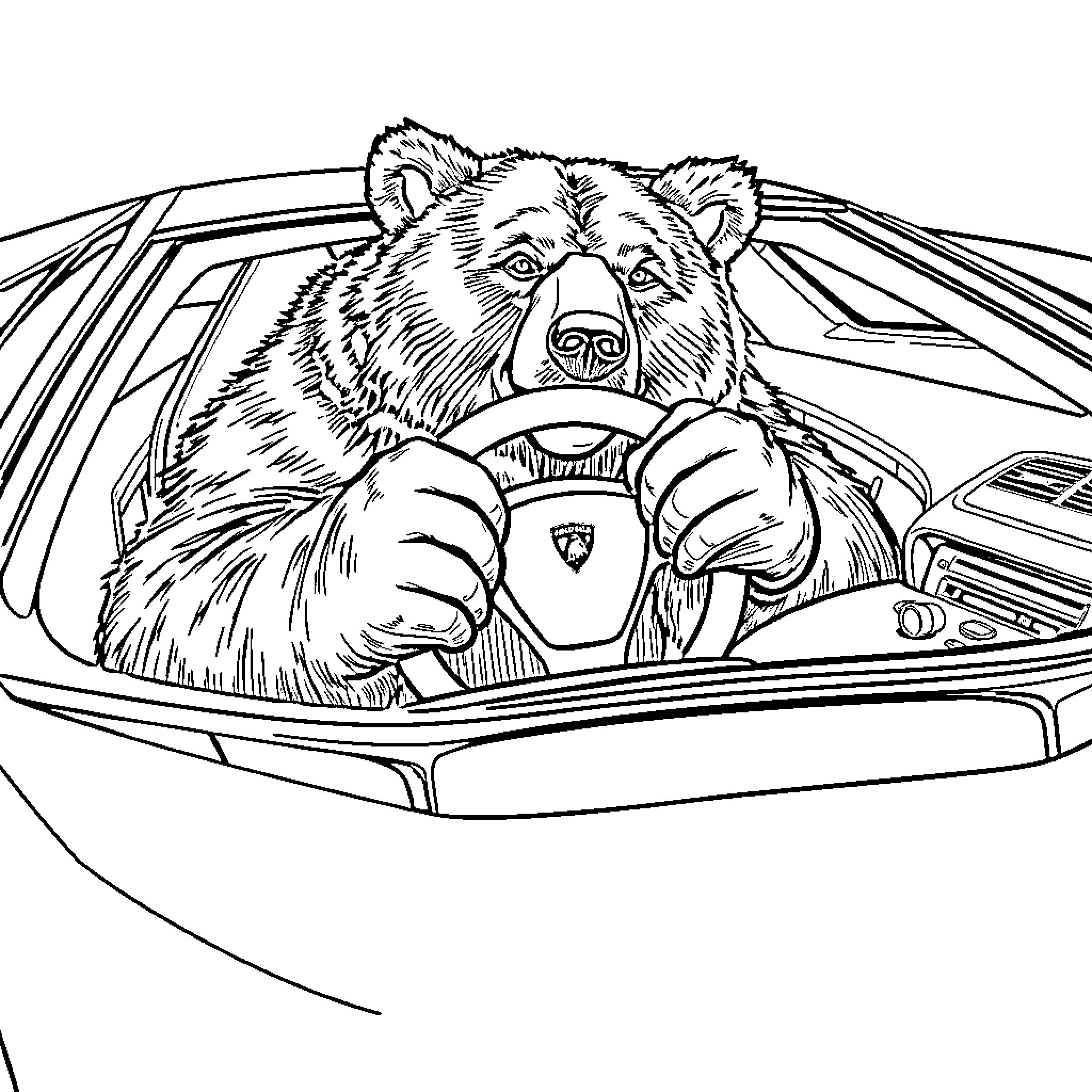 Bear driving a sports car with enthusiasm Coloring Page (free black-and-white line drawing printable PDF for all, from beginners to advanced learners, including children, teens, adults, and seniors)