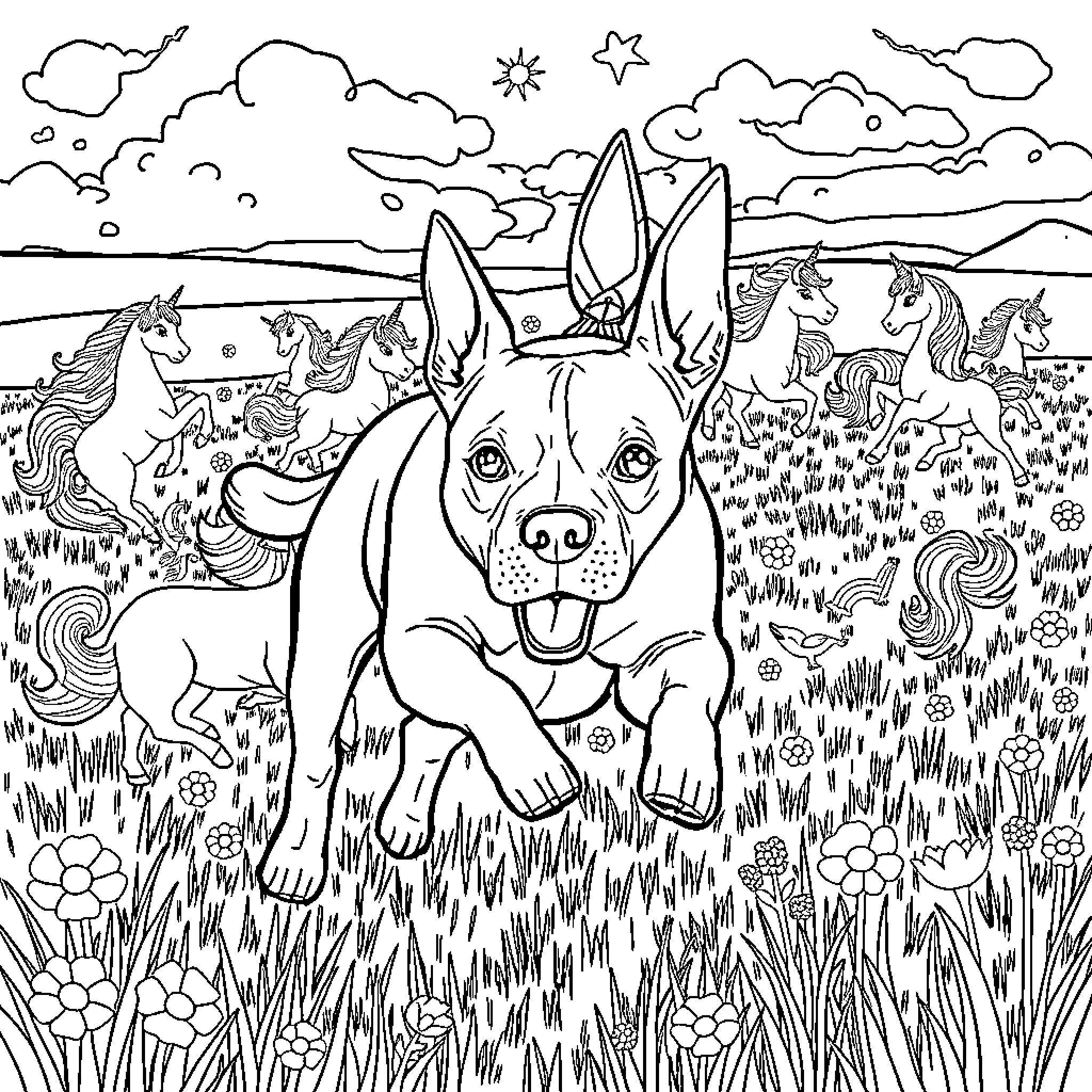 Pitbull playfully exploring a vibrant meadow with unicorns Coloring Page (free black-and-white line drawing printable PDF for all, from beginners to advanced learners, including children, teens, adults, and seniors)