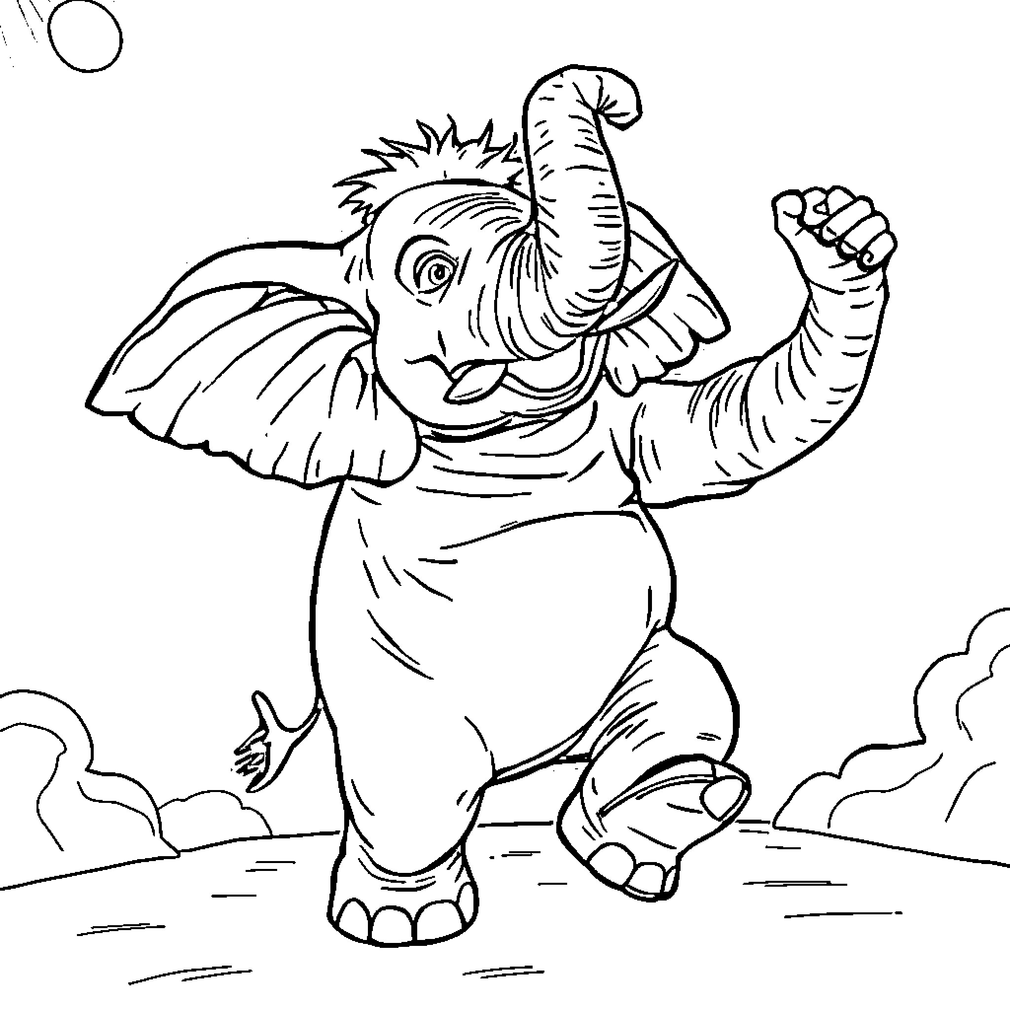 Elephant playing joyfully in nature Coloring Page (free black-and-white line drawing printable PDF for all, from beginners to advanced learners, including children, teens, adults, and seniors)