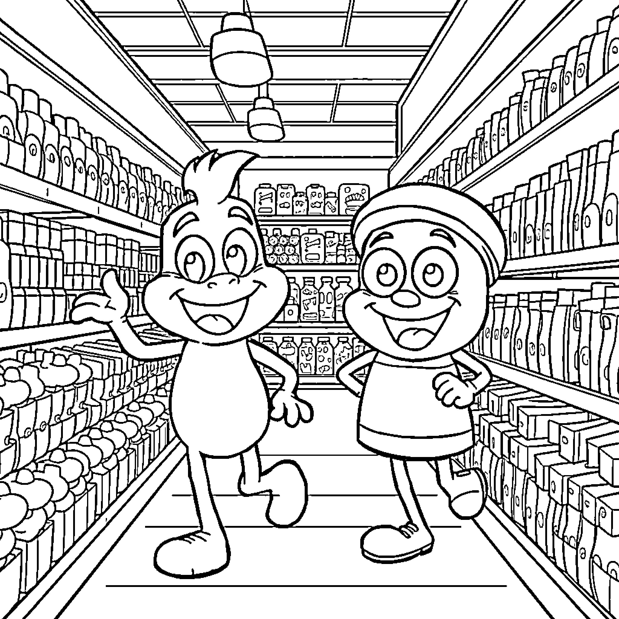 Bluey and Bingo explore the grocery store aisle Coloring Page (free black-and-white line drawing printable PDF for all, from beginners to advanced learners, including children, teens, adults, and seniors)