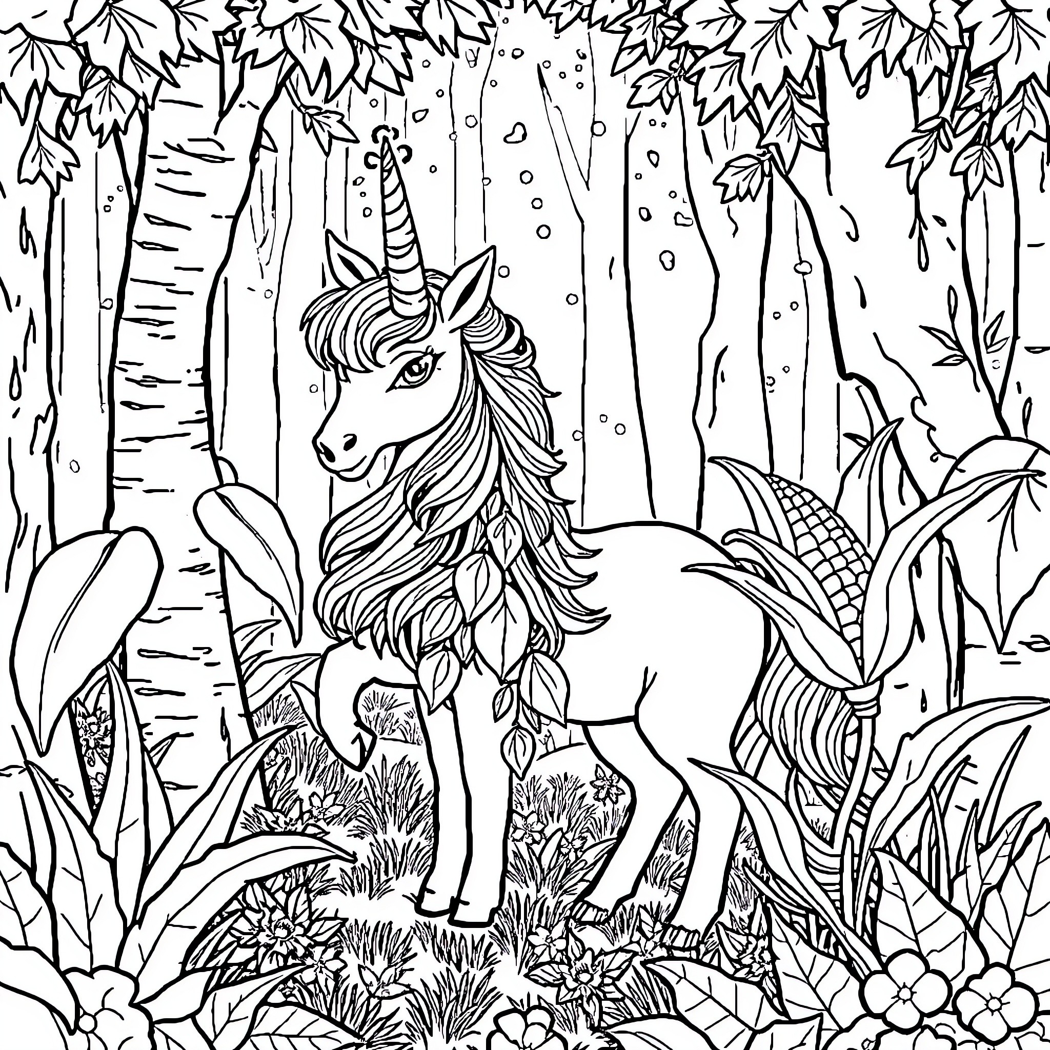 Unicorn Enchanted Forest Exploration Coloring Page (free black-and-white line drawing printable PDF for all, from beginners to advanced learners, including children, teens, adults, and seniors)