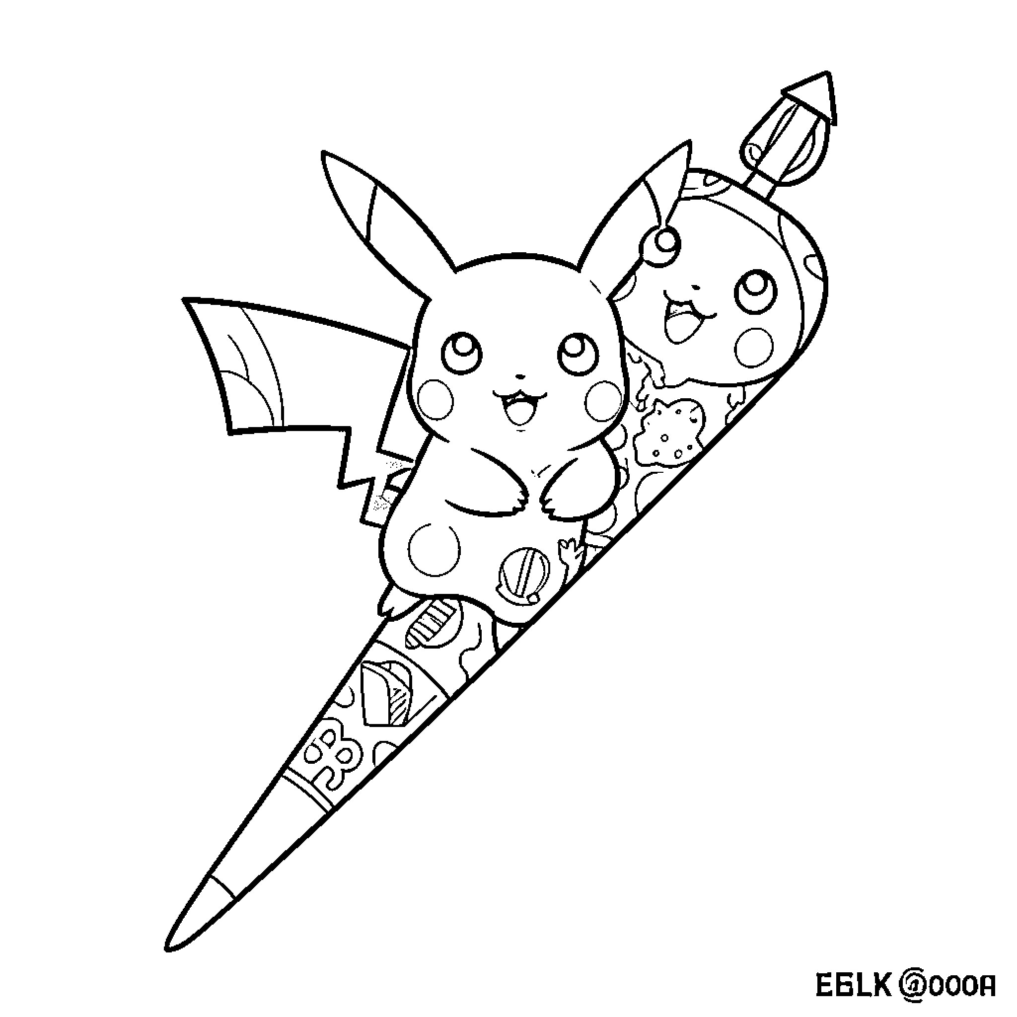 Pikachu hugging a large decorated ice cream cone Coloring Page (free black-and-white line drawing printable PDF for all, from beginners to advanced learners, including children, teens, adults, and seniors)