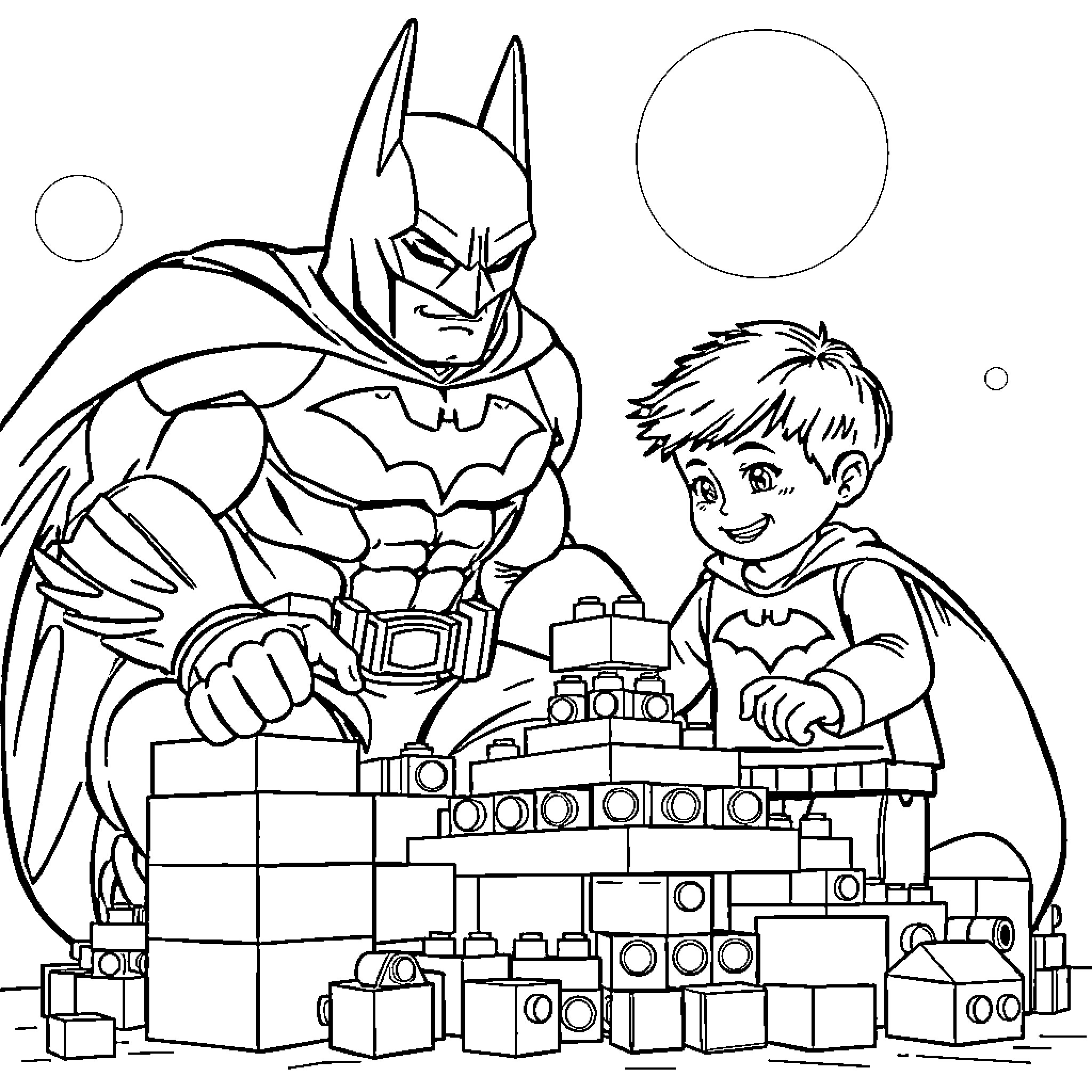 Batman and Boy Constructing Lego Structure Coloring Page (free black-and-white line drawing printable PDF for all, from beginners to advanced learners, including children, teens, adults, and seniors)