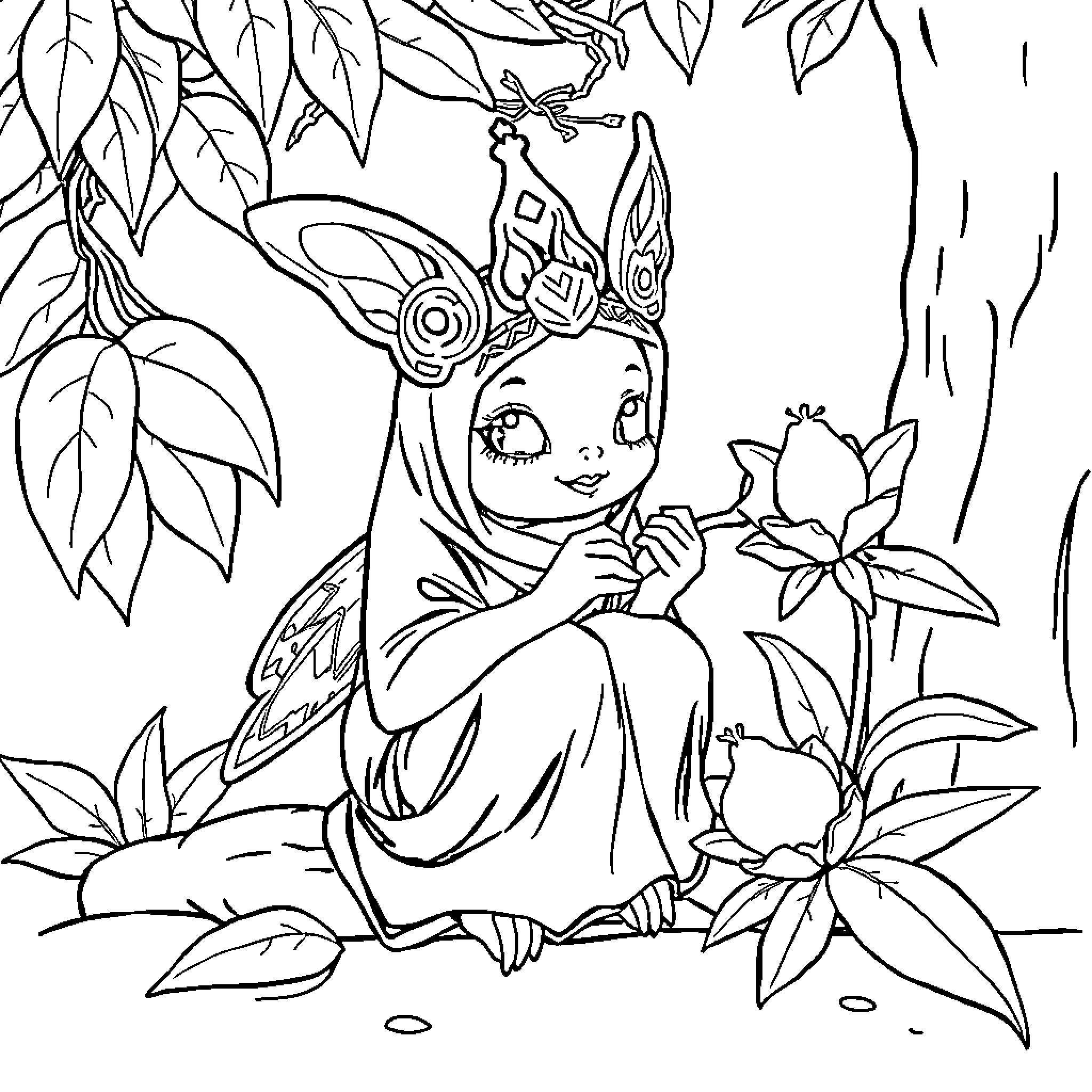 Gadis in enchanted forest with flowers Coloring Page (free black-and-white line drawing printable PDF for all, from beginners to advanced learners, including children, teens, adults, and seniors)