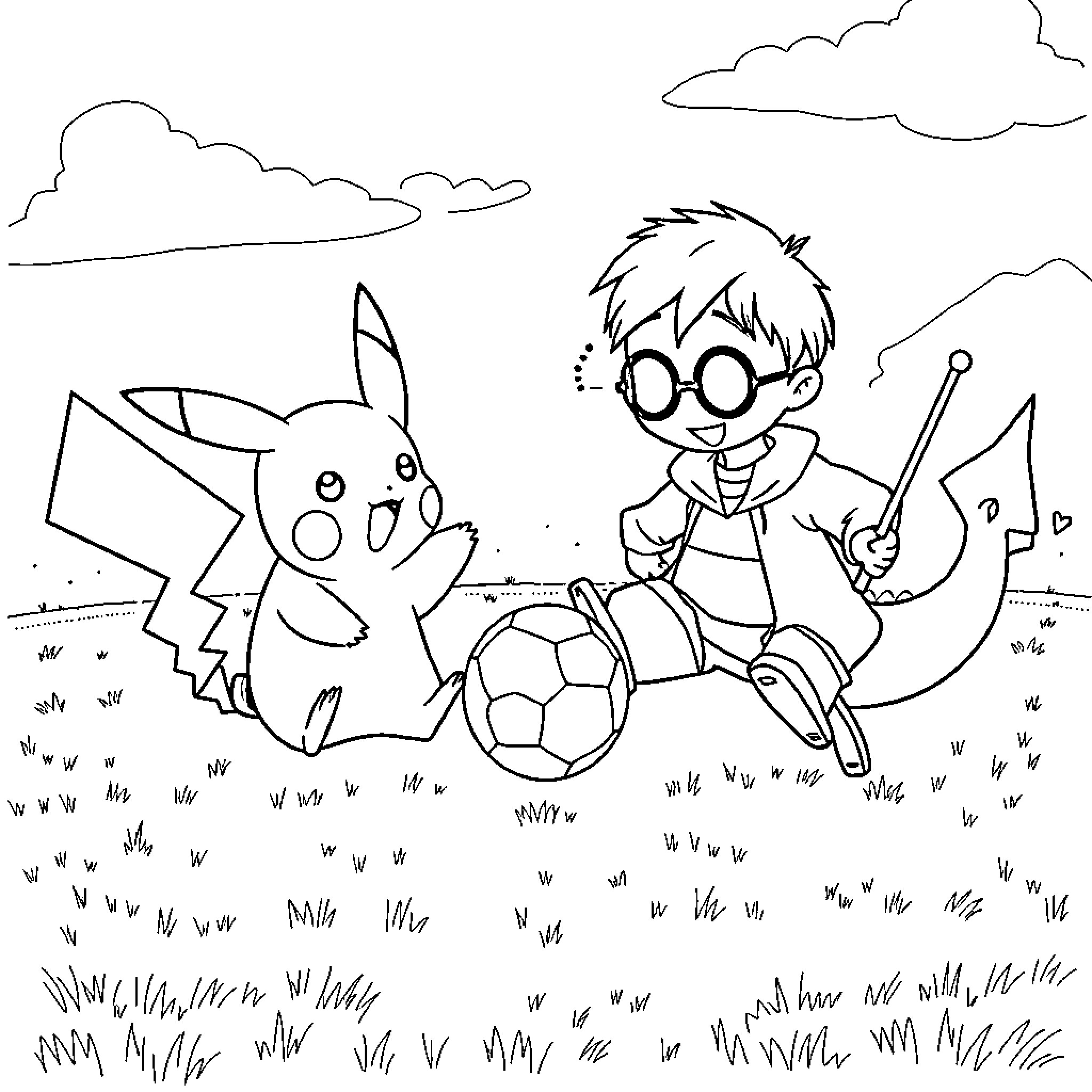 Pikachu playing soccer with a young boy Coloring Page (free black-and-white line drawing printable PDF for all, from beginners to advanced learners, including children, teens, adults, and seniors)