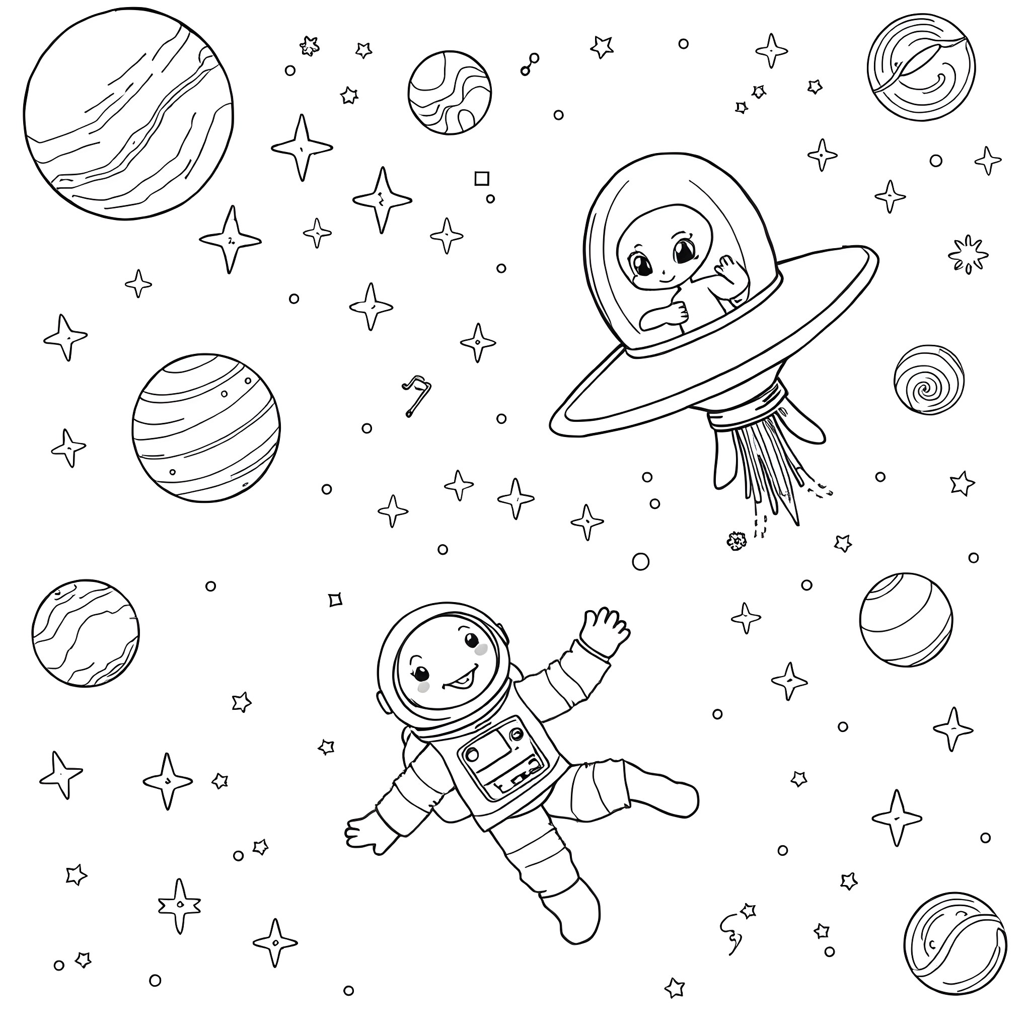 Astronauts exploring the cosmos Coloring Page (free black-and-white line drawing printable PDF for all, from beginners to advanced learners, including children, teens, adults, and seniors)