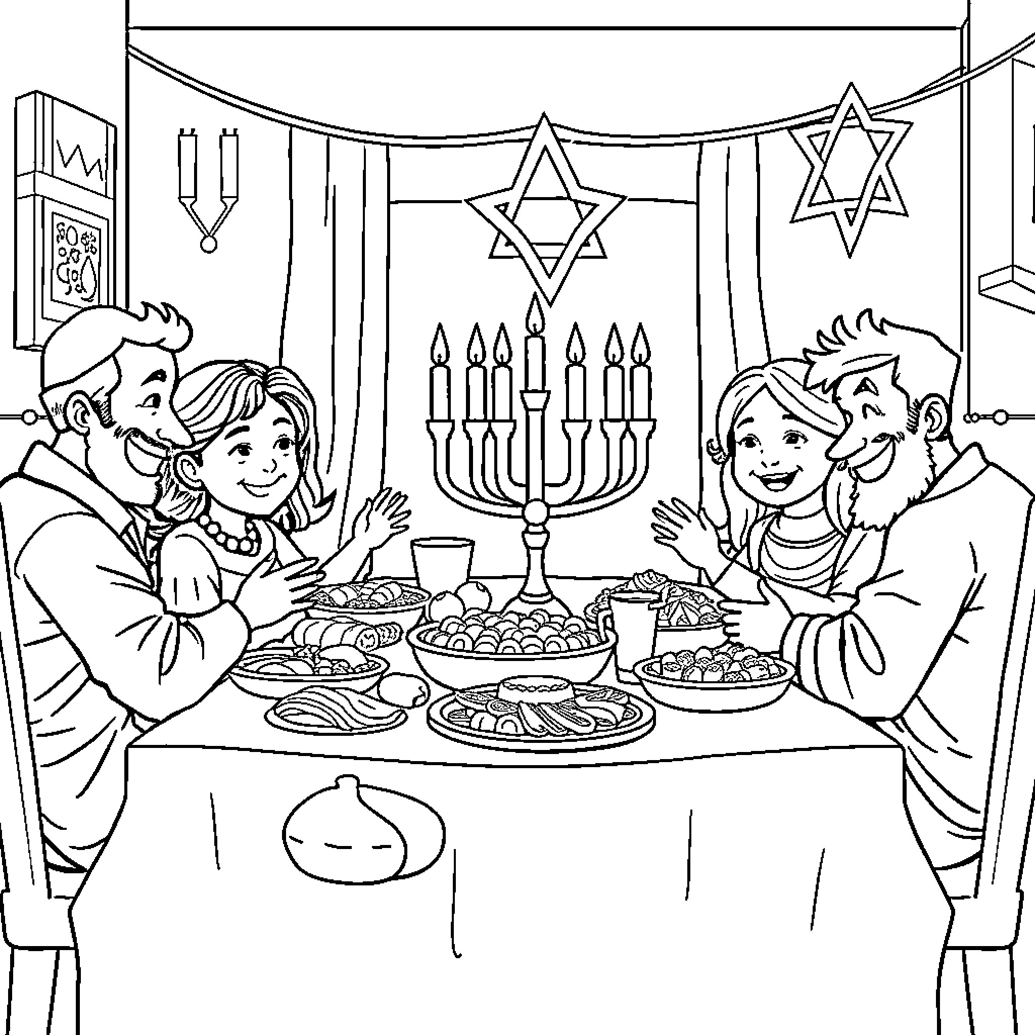 Family Celebrating Hanukkah Together Coloring Page (free black-and-white line drawing printable PDF for all, from beginners to advanced learners, including children, teens, adults, and seniors)