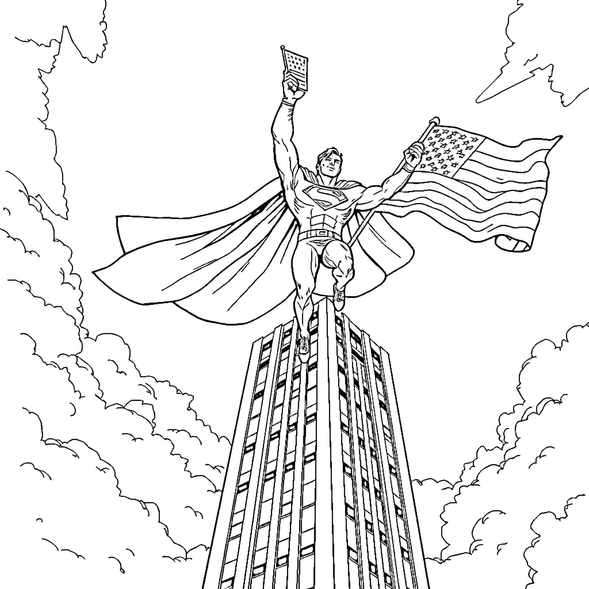 Superman soaring with American flag above skyscraper Coloring Page (free black-and-white line drawing printable PDF for all, from beginners to advanced learners, including children, teens, adults, and seniors)