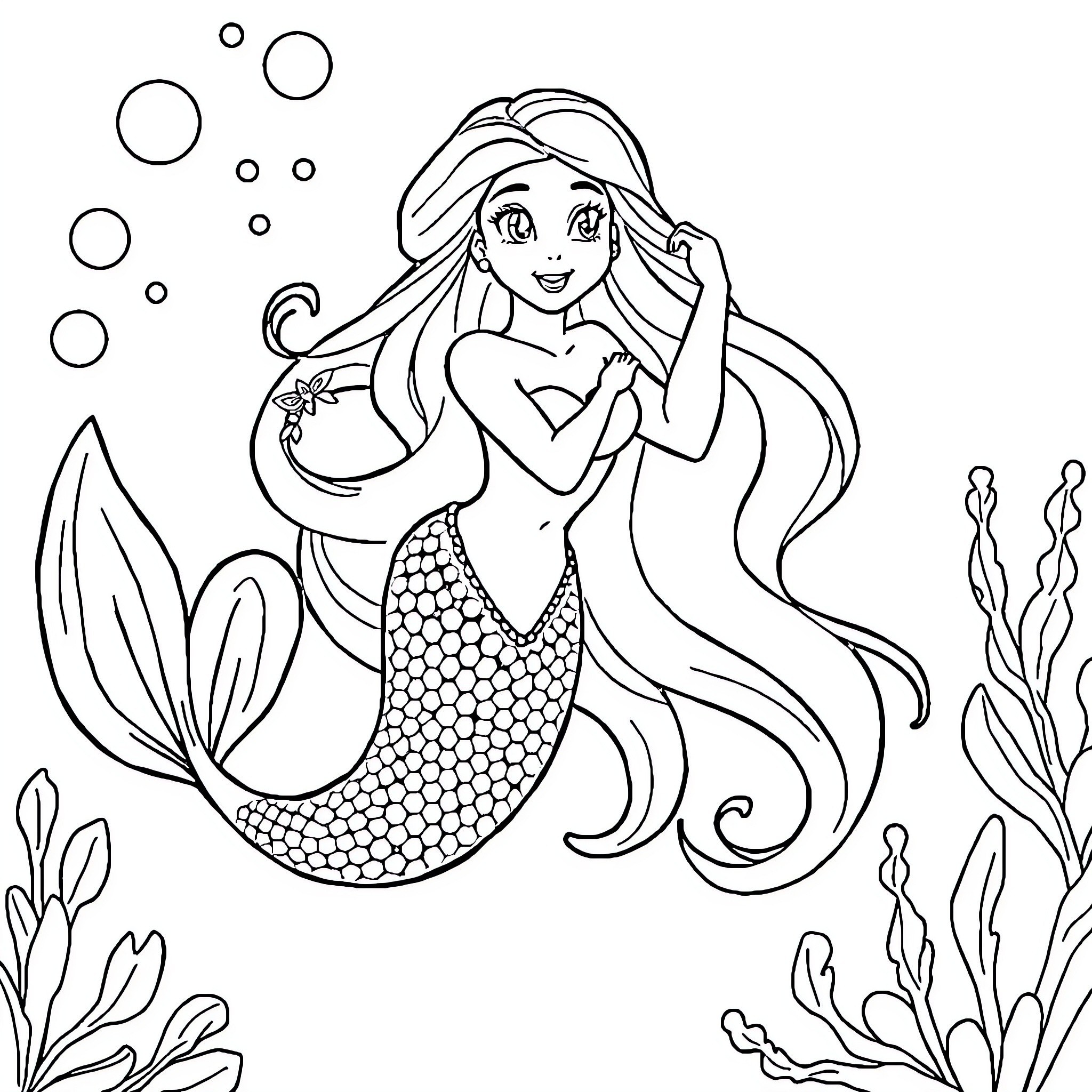 Ariel in the Underwater Wonderland Coloring Page (free black-and-white line drawing printable PDF for all, from beginners to advanced learners, including children, teens, adults, and seniors)
