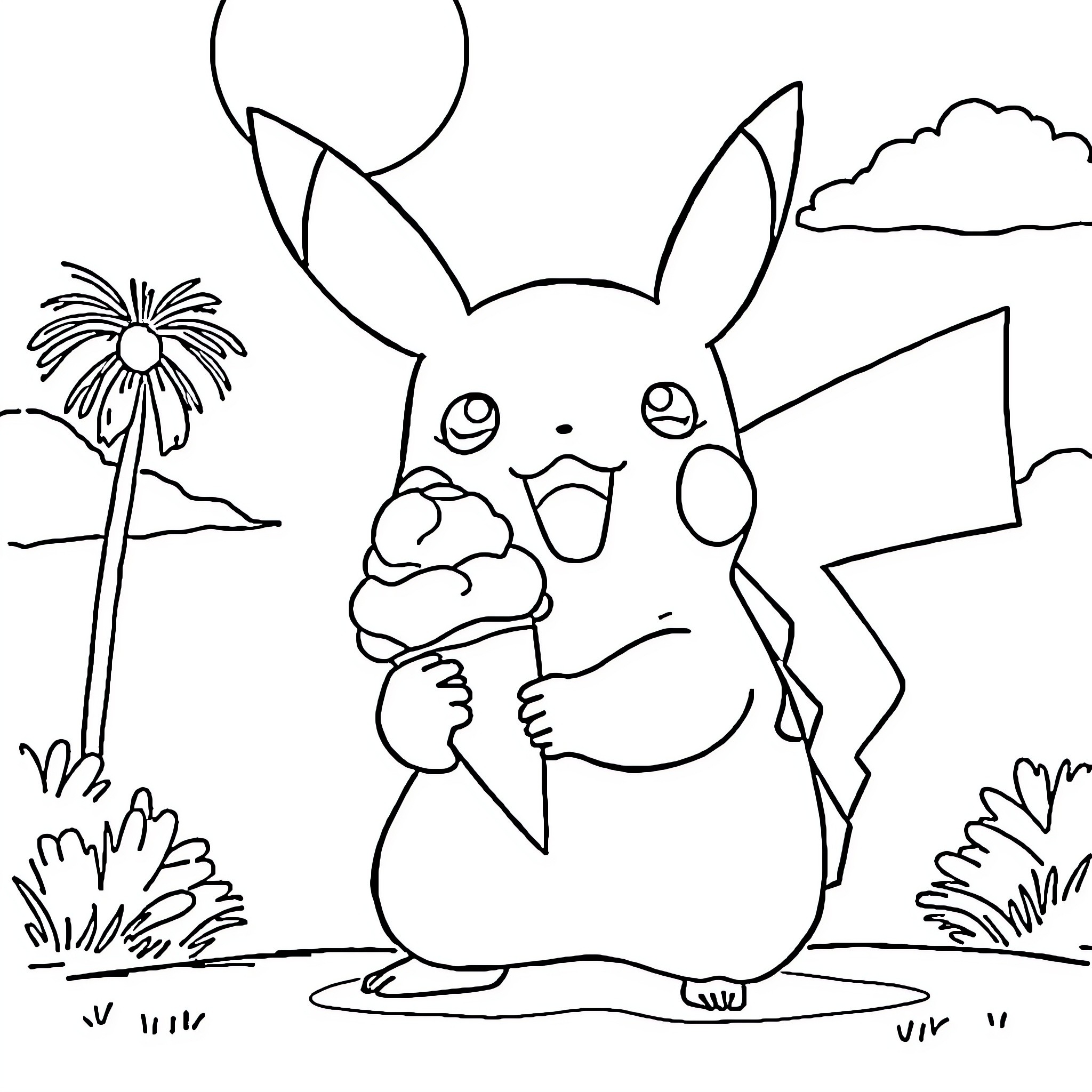 Pikachu enjoying an ice cream outdoors Coloring Page (free black-and-white line drawing printable PDF for all, from beginners to advanced learners, including children, teens, adults, and seniors)