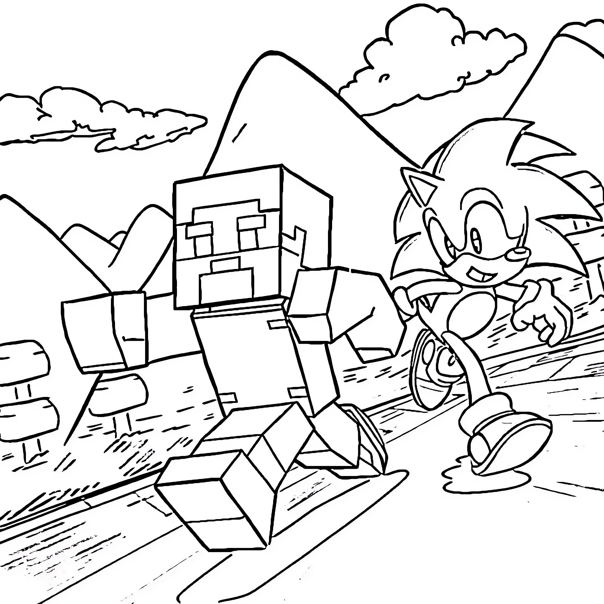 Steve's Blocky Adventure in the Scenic Landscape Coloring Page (free black-and-white line drawing printable PDF for all, from beginners to advanced learners, including children, teens, adults, and seniors)