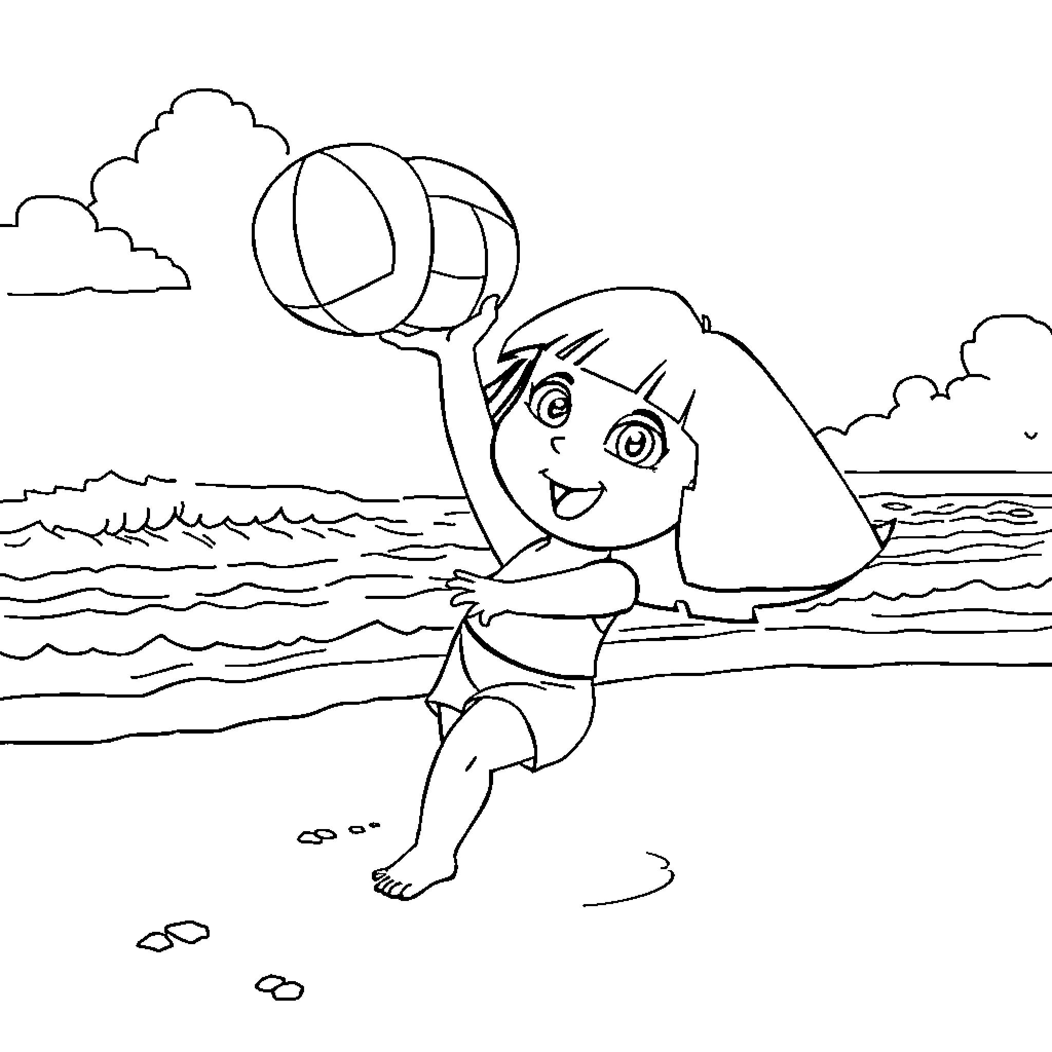 Dora playing happily on the beach Coloring Page (free black-and-white line drawing printable PDF for all, from beginners to advanced learners, including children, teens, adults, and seniors)