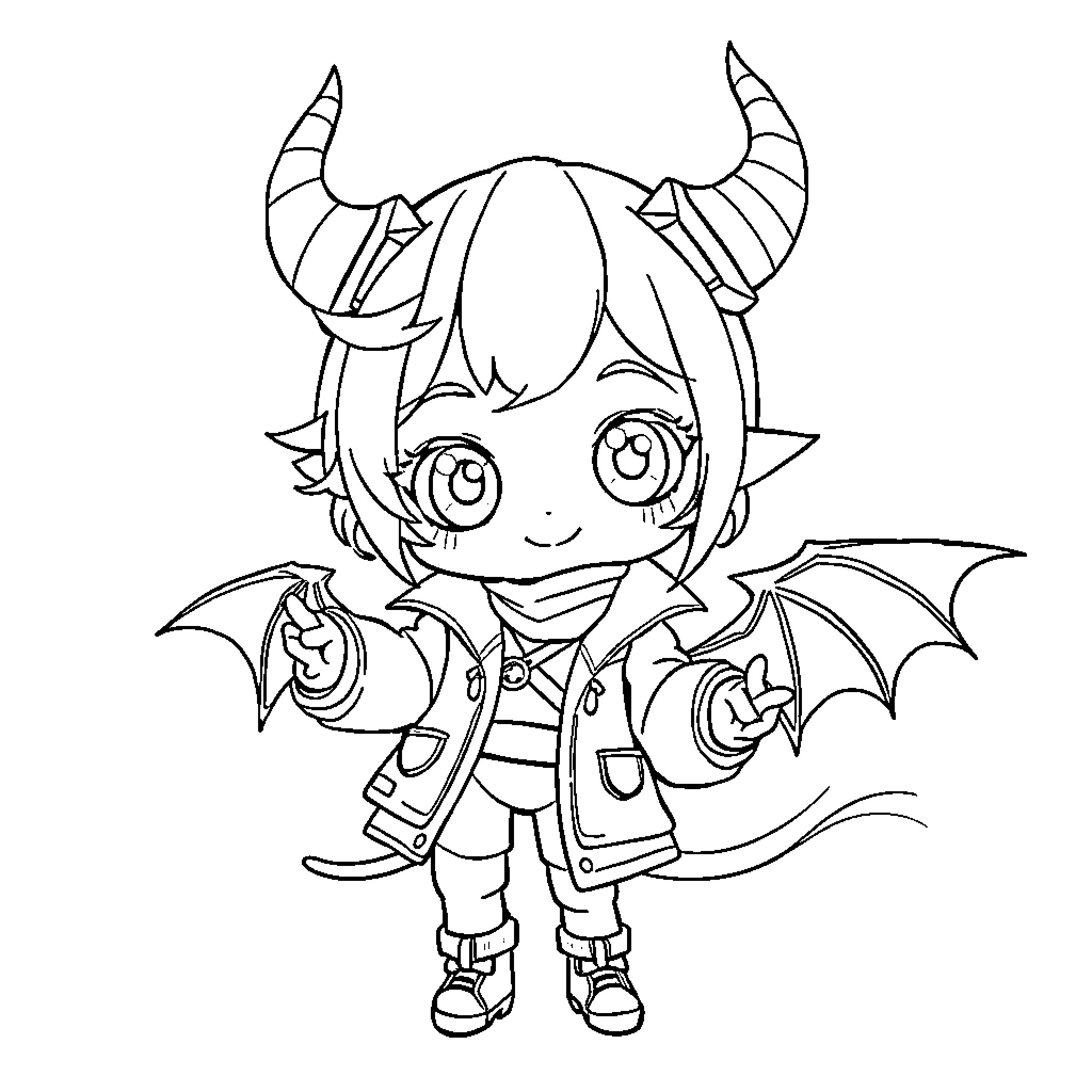Rumi's Cheerful Demonic Anime-Inspired Outfit Coloring Page (free black-and-white line drawing printable PDF for all, from beginners to advanced learners, including children, teens, adults, and seniors)