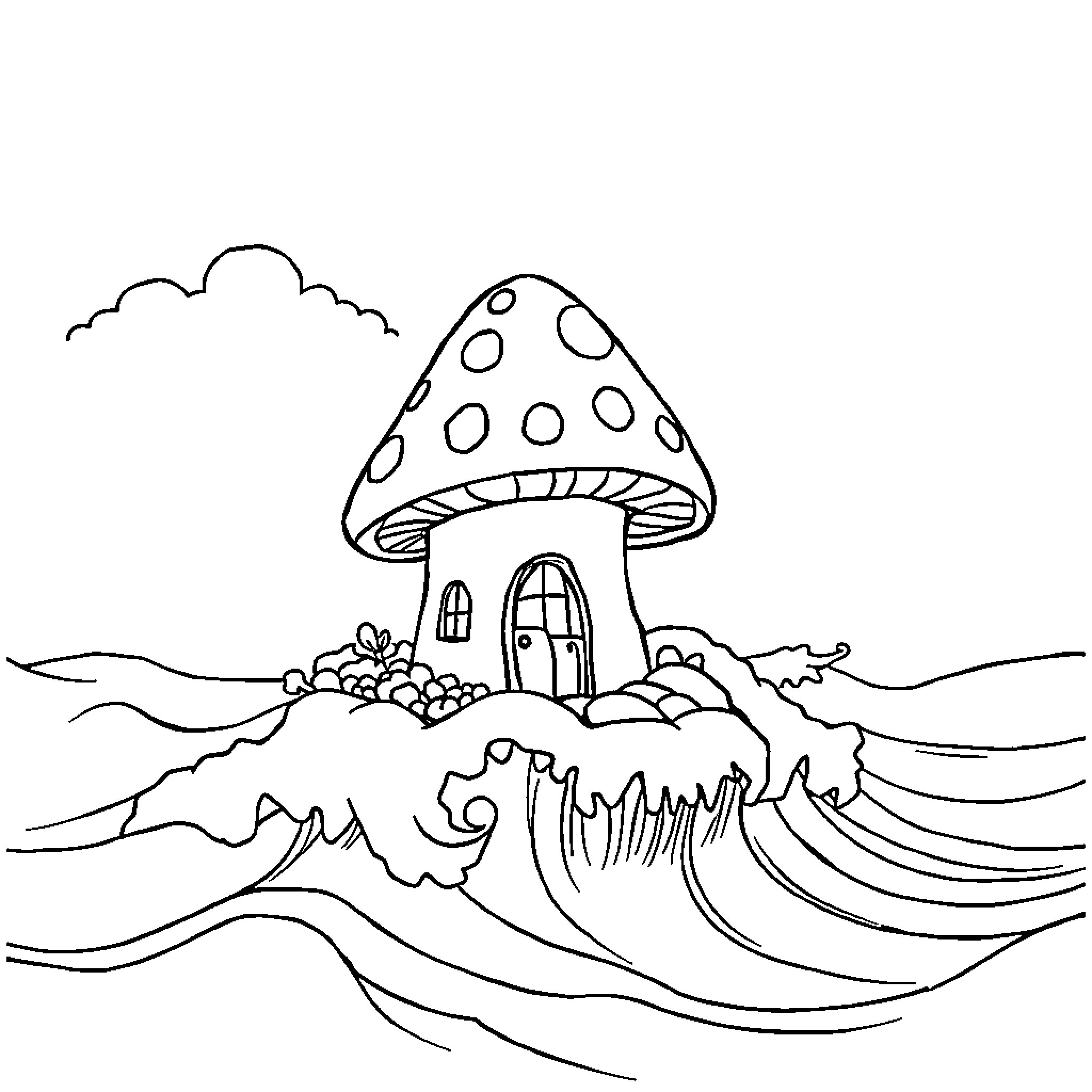 Mushroom House on Waves Landscape Coloring Page (free black-and-white line drawing printable PDF for all, from beginners to advanced learners, including children, teens, adults, and seniors)
