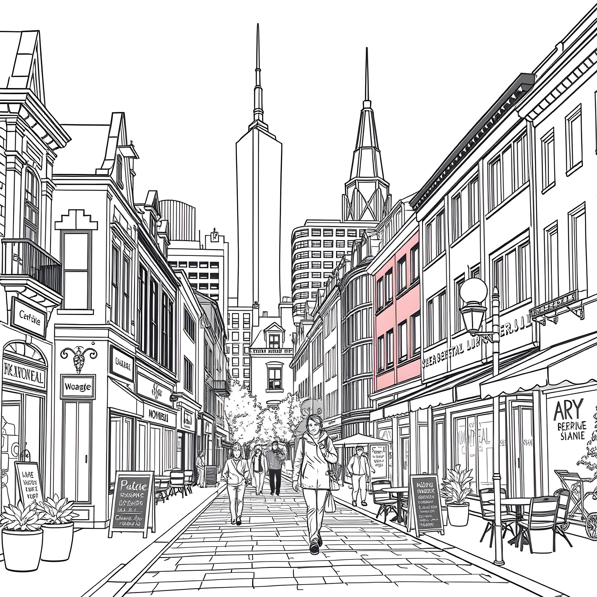 Rarity of urban life: Bustling city streets and towering skyscrapers Coloring Page (free black-and-white line drawing printable PDF for all, from beginners to advanced learners, including children, teens, adults, and seniors)