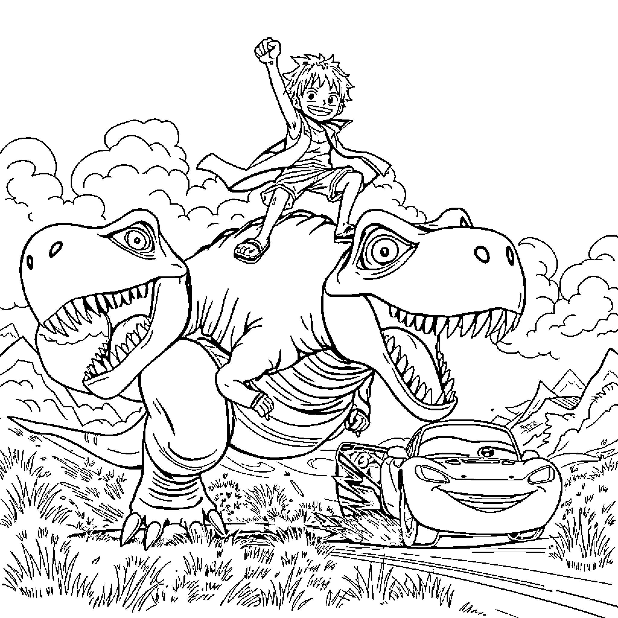 Luffy's Thrilling Adventure with Dinosaurs Coloring Page (free black-and-white line drawing printable PDF for all, from beginners to advanced learners, including children, teens, adults, and seniors)