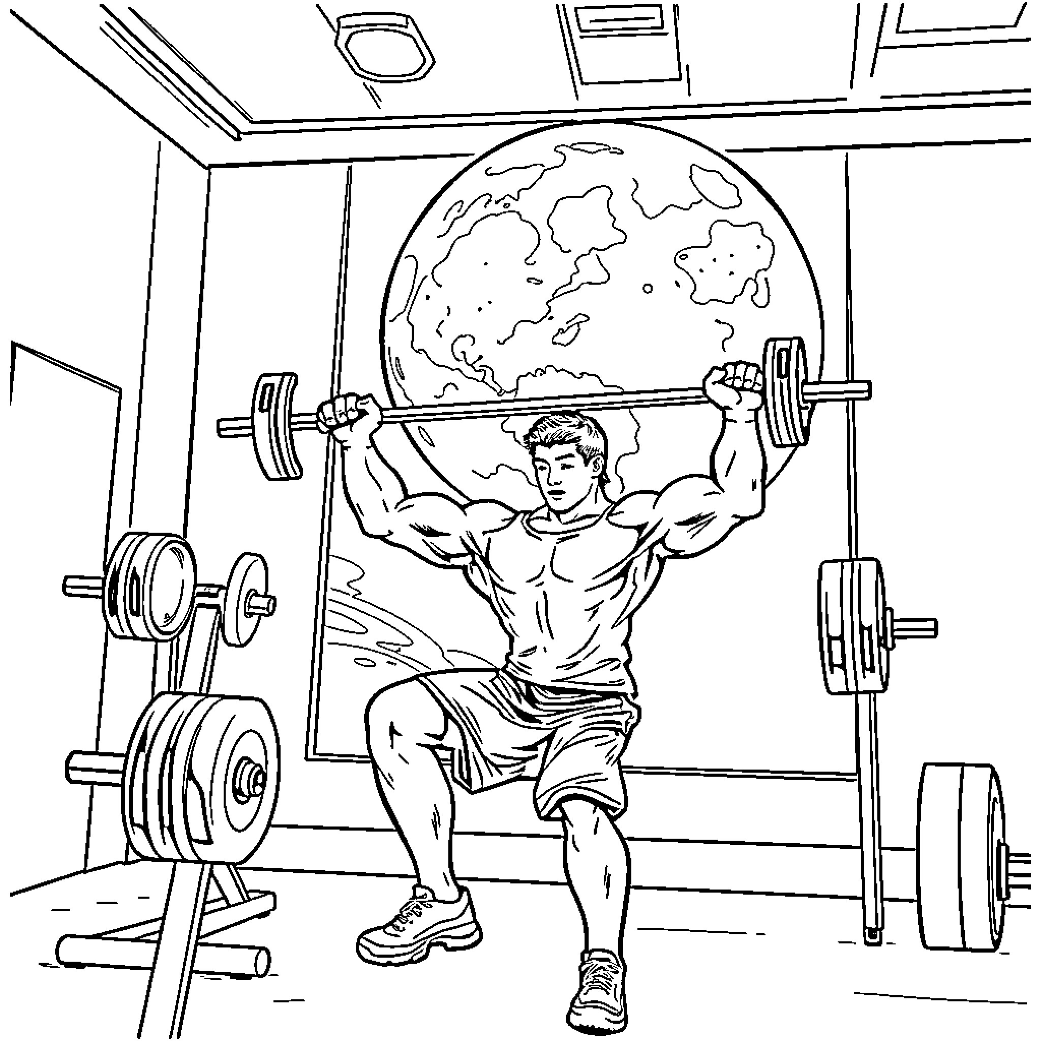CrossFit Athlete Lifting Weights in Gym Coloring Page (free black-and-white line drawing printable PDF for all, from beginners to advanced learners, including children, teens, adults, and seniors)
