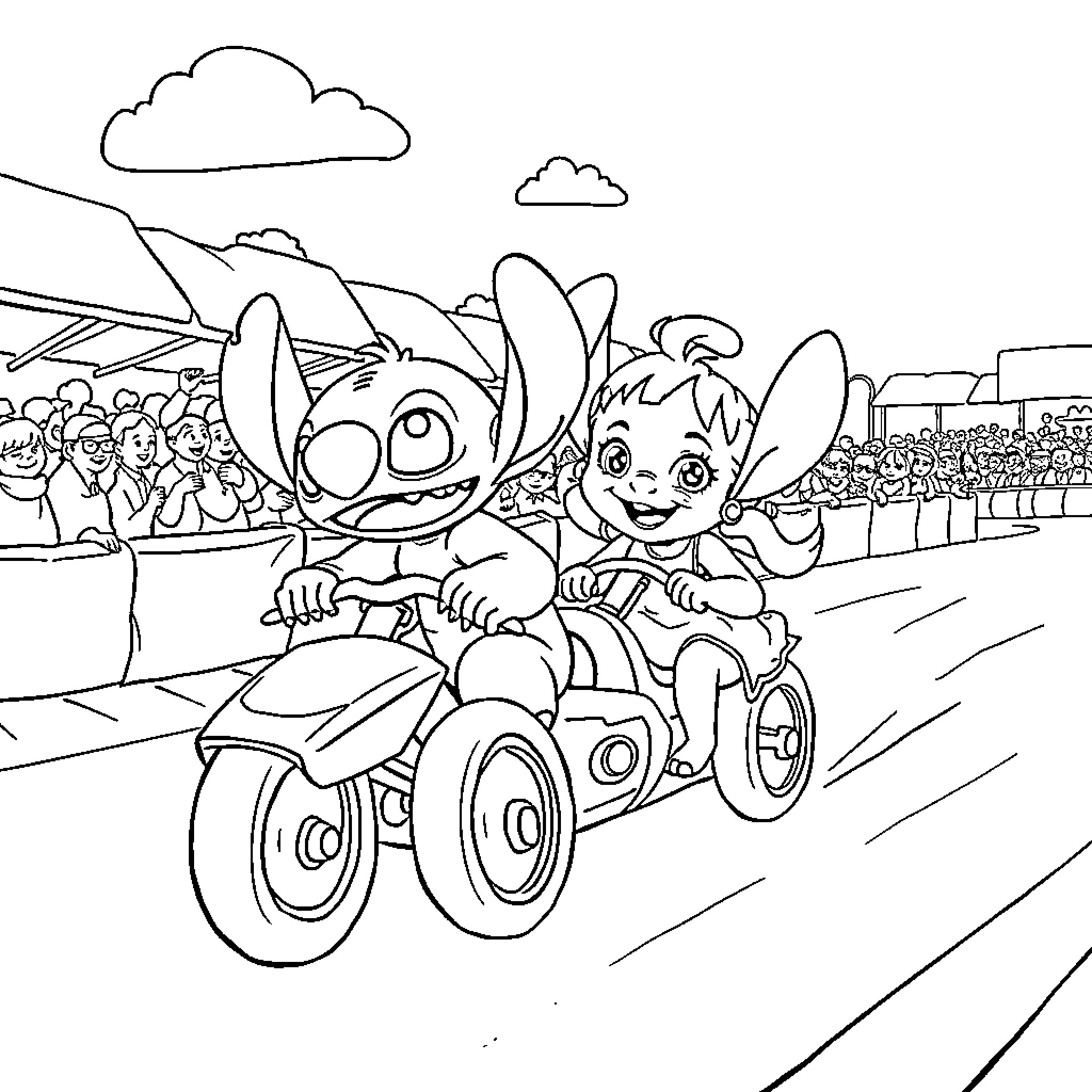Stitch and Scrump riding motorcycles in a race Coloring Page (free black-and-white line drawing printable PDF for all, from beginners to advanced learners, including children, teens, adults, and seniors)
