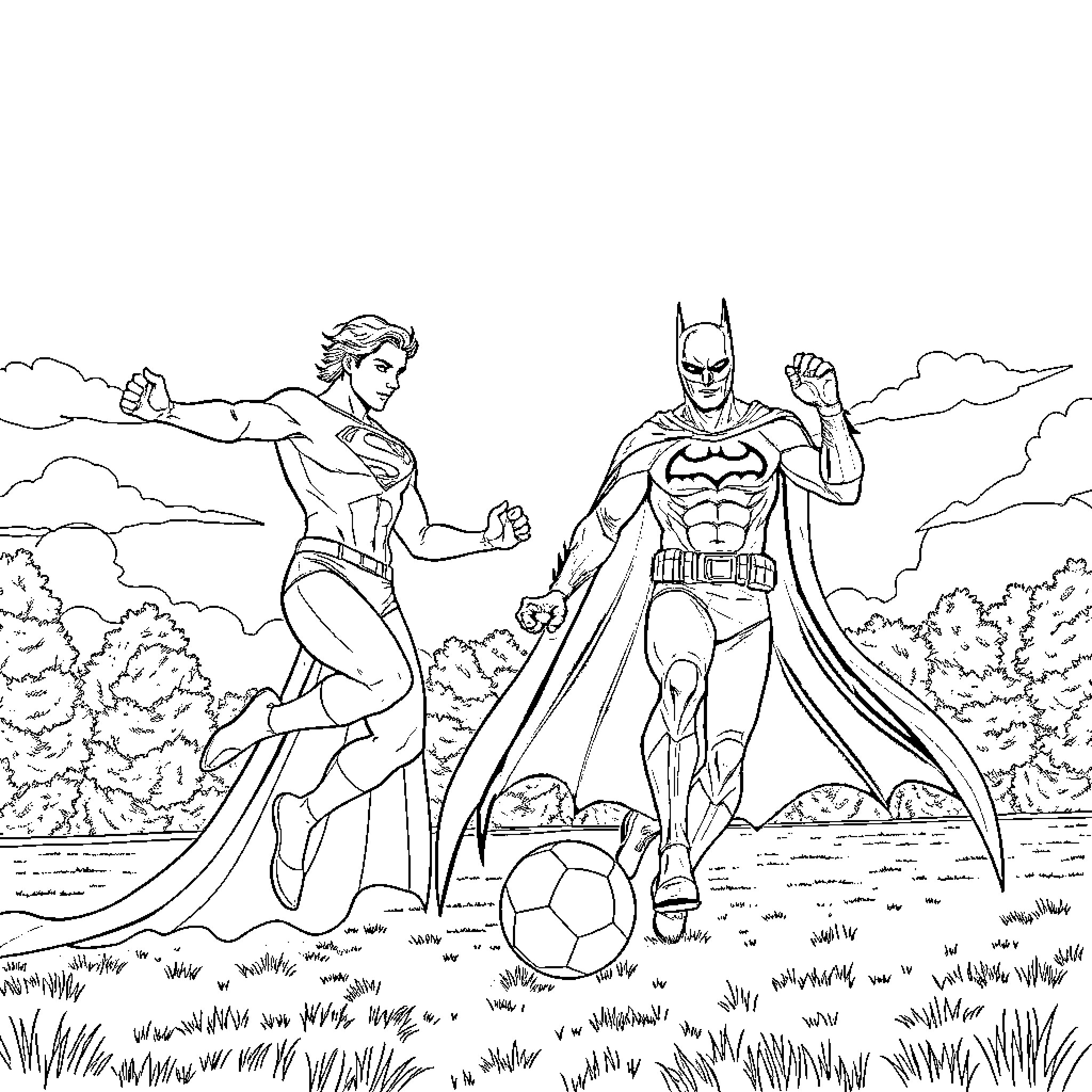 Superman and Batman playing soccer in the park Coloring Page (free black-and-white line drawing printable PDF for all, from beginners to advanced learners, including children, teens, adults, and seniors)
