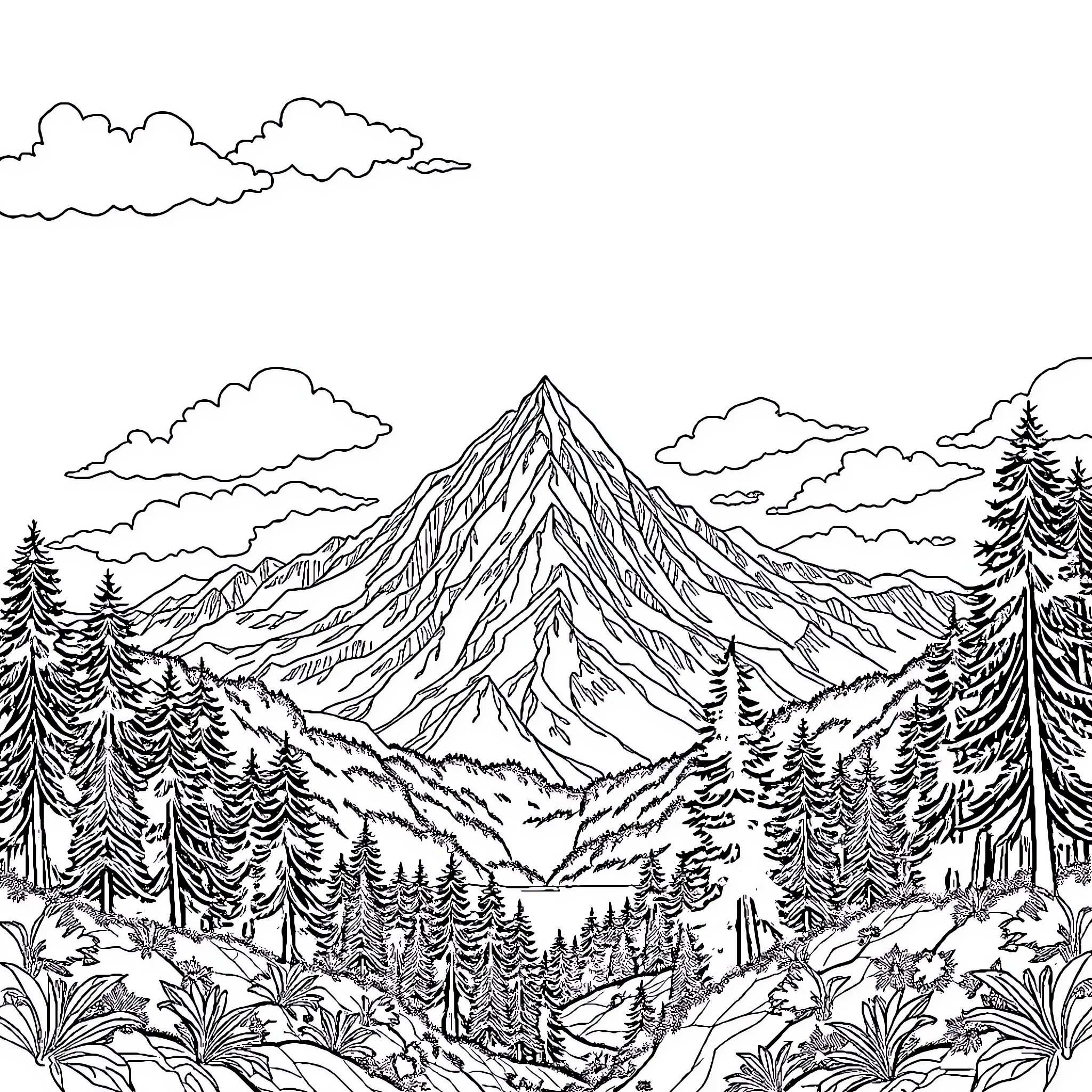 Mountain and Lake Landscape with Cloudy Sky Coloring Page (free black-and-white line drawing printable PDF for all, from beginners to advanced learners, including children, teens, adults, and seniors)