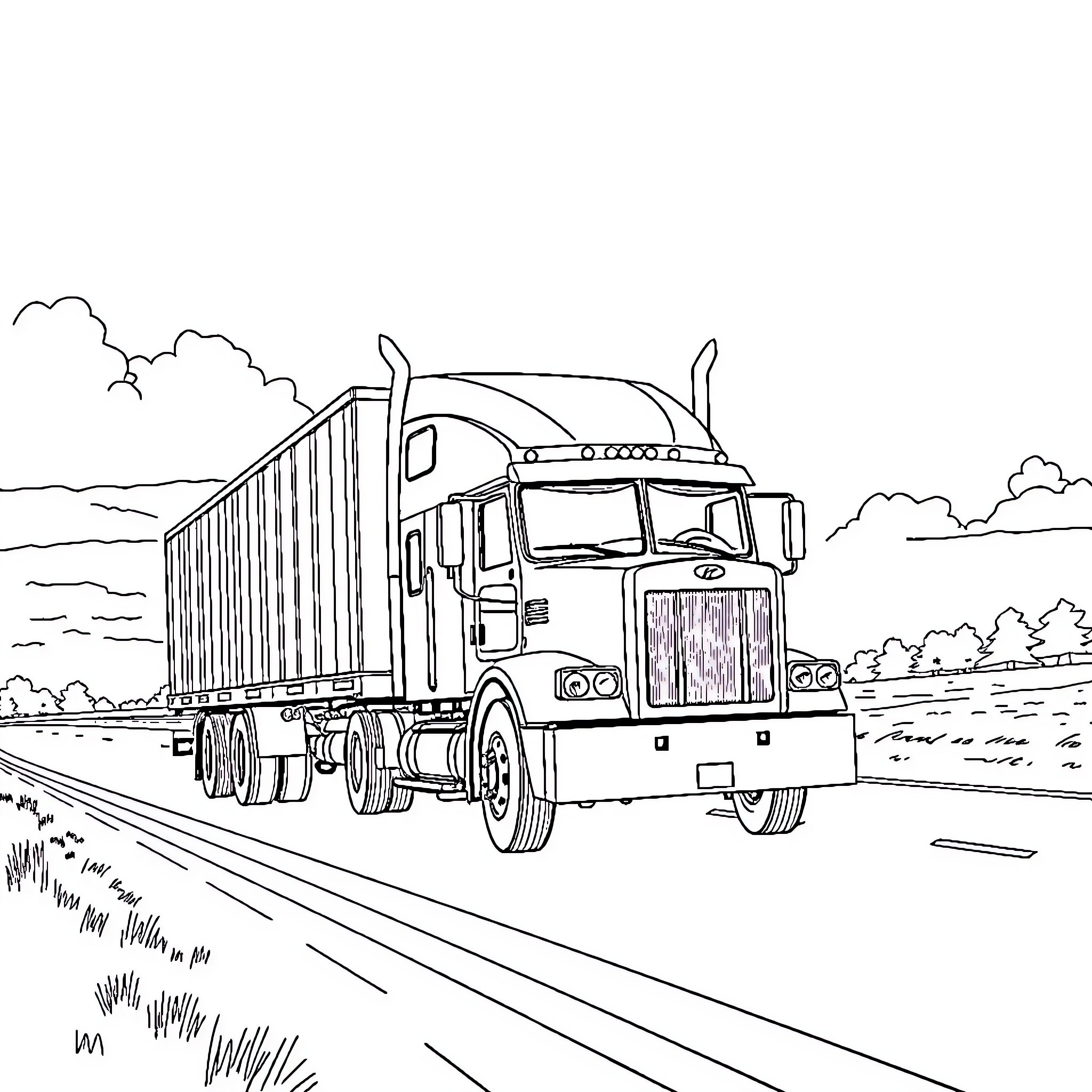 Truck Transporting Cargo on Rural Road Coloring Page (free black-and-white line drawing printable PDF for all, from beginners to advanced learners, including children, teens, adults, and seniors)