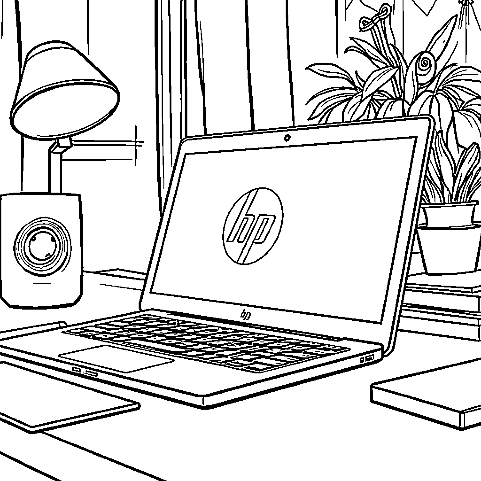 HP Chromebook in a cozy workspace Coloring Page (free black-and-white line drawing printable PDF for all, from beginners to advanced learners, including children, teens, adults, and seniors)