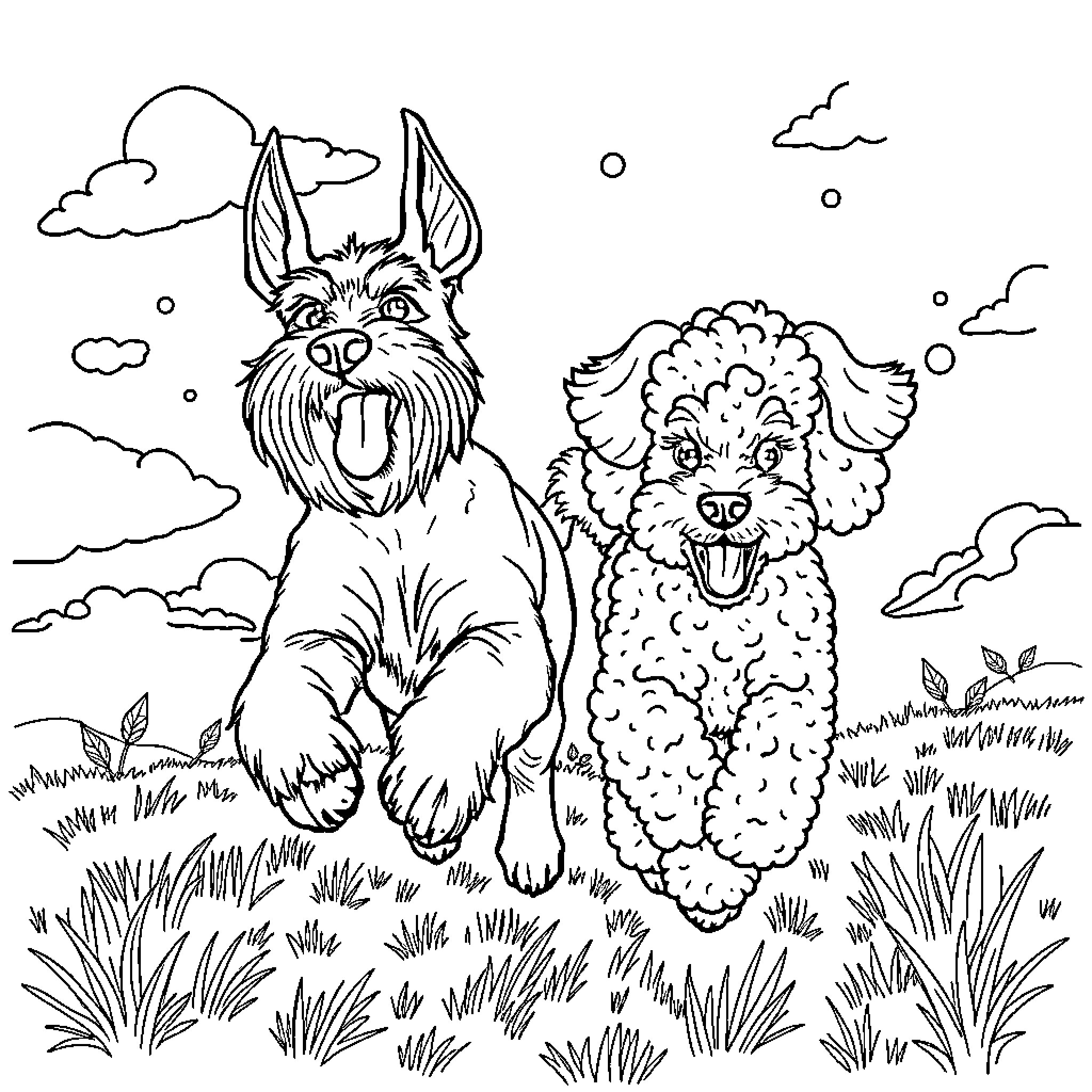 Schnauzer dogs playing happily in the field Coloring Page (free black-and-white line drawing printable PDF for all, from beginners to advanced learners, including children, teens, adults, and seniors)