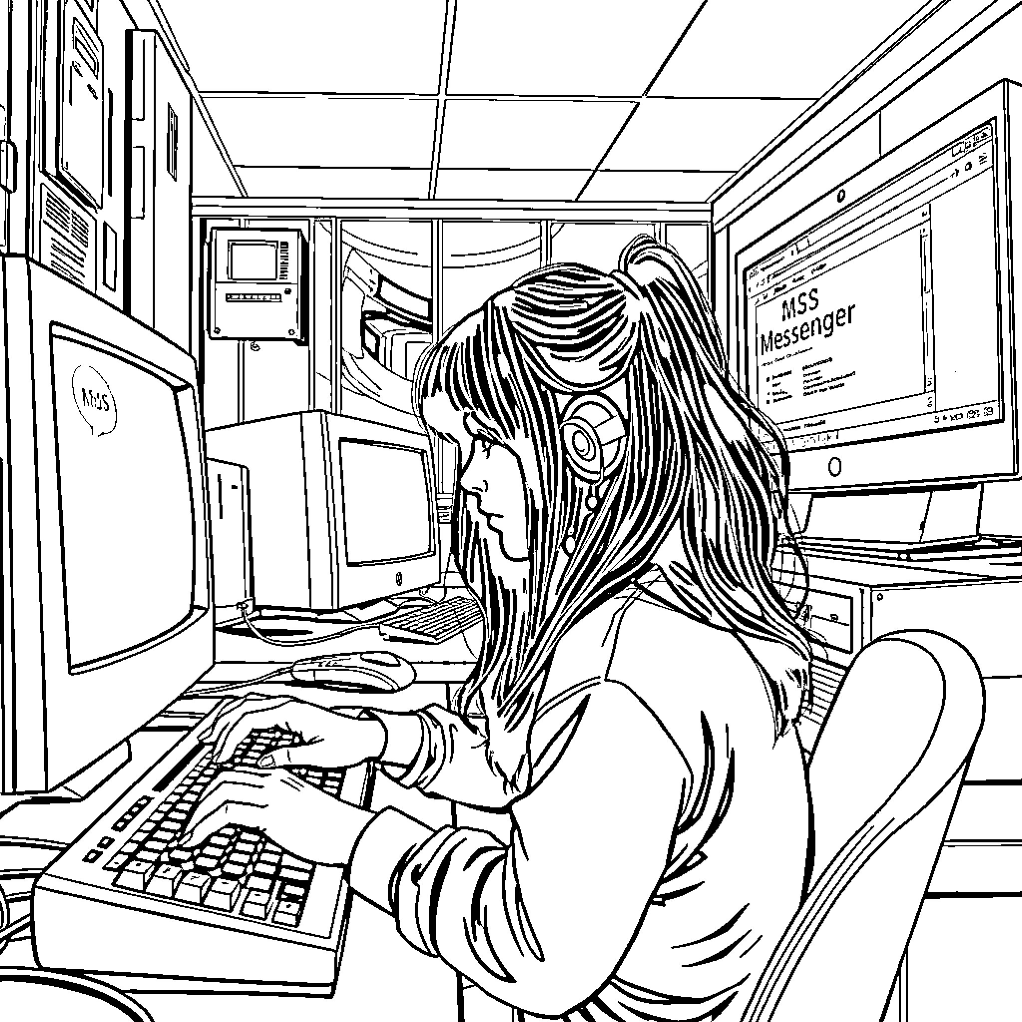 Woman working diligently on computer in office Coloring Page (free black-and-white line drawing printable PDF for all, from beginners to advanced learners, including children, teens, adults, and seniors)