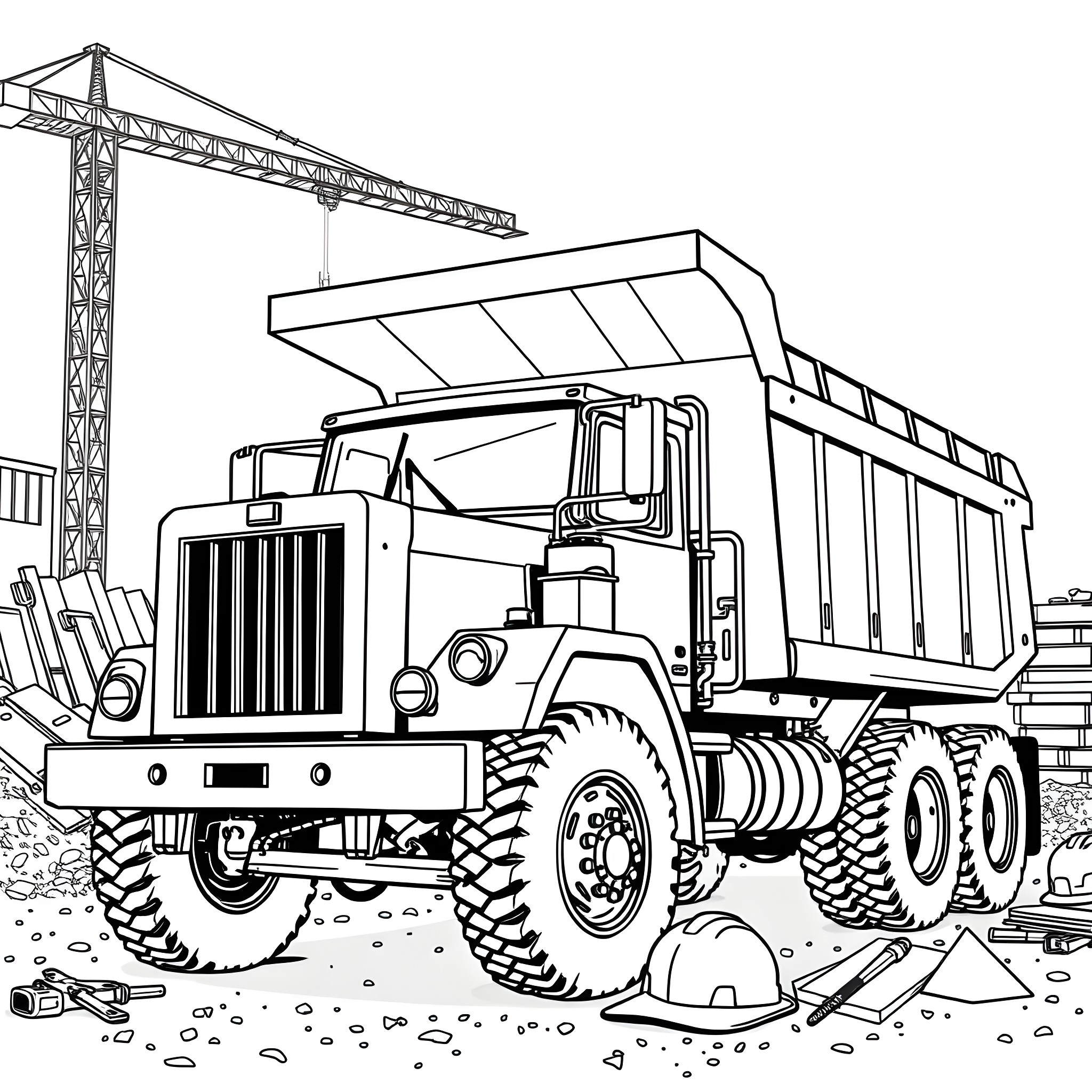 Dump Pickup Truck Hauling Construction Debris Coloring Page (free black-and-white line drawing printable PDF for all, from beginners to advanced learners, including children, teens, adults, and seniors)