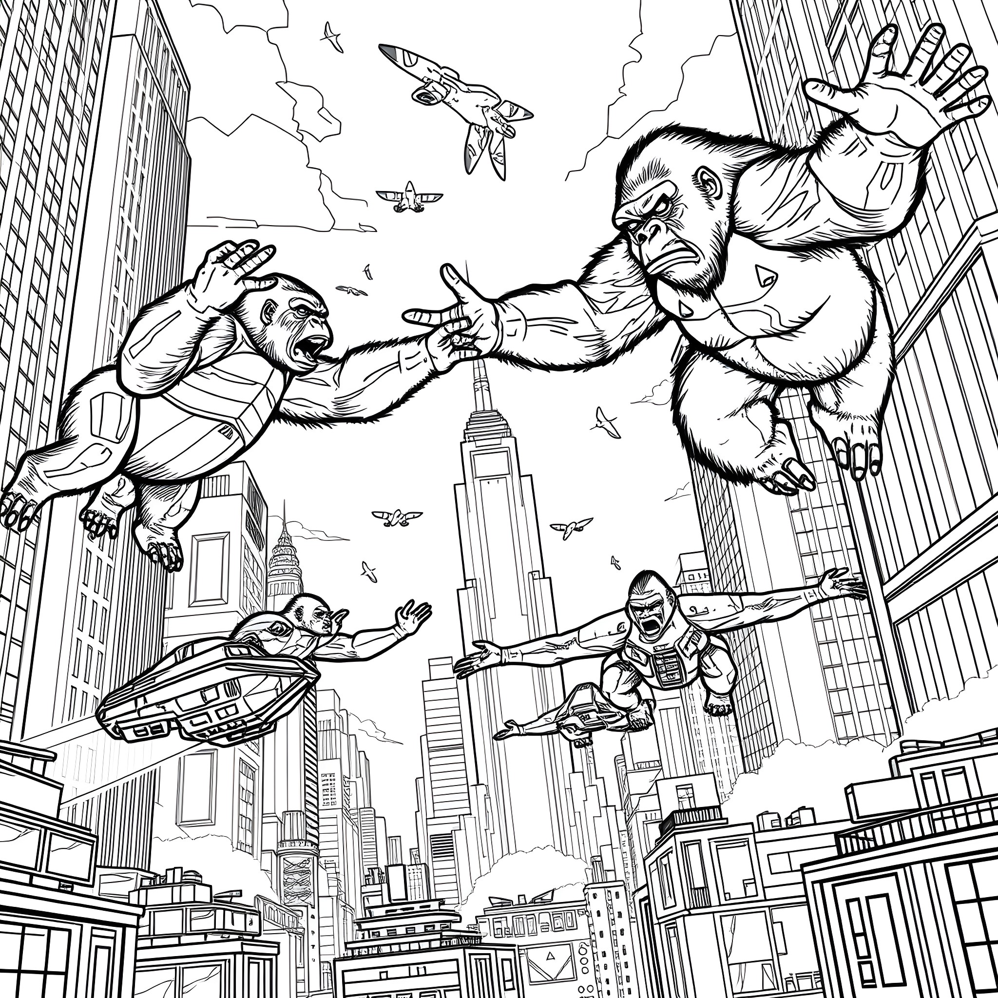 Gorilla Superheroes Fight in the City Skies Coloring Page (free black-and-white line drawing printable PDF for all, from beginners to advanced learners, including children, teens, adults, and seniors)