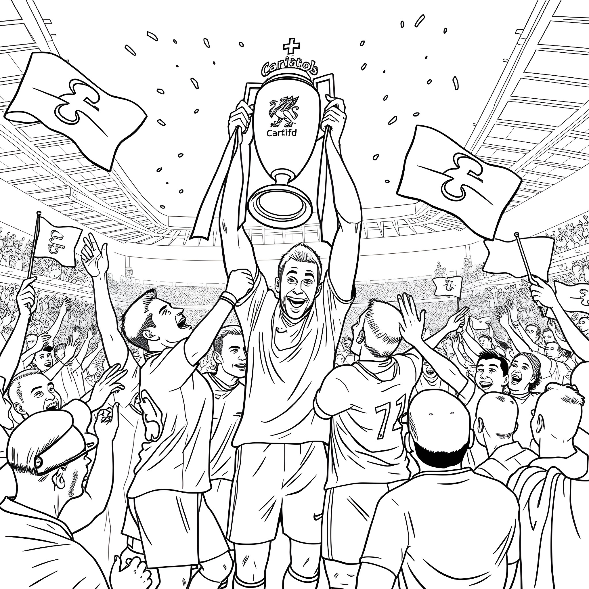 Cardiff fans celebrating victory in the stadium Coloring Page (free black-and-white line drawing printable PDF for all, from beginners to advanced learners, including children, teens, adults, and seniors)