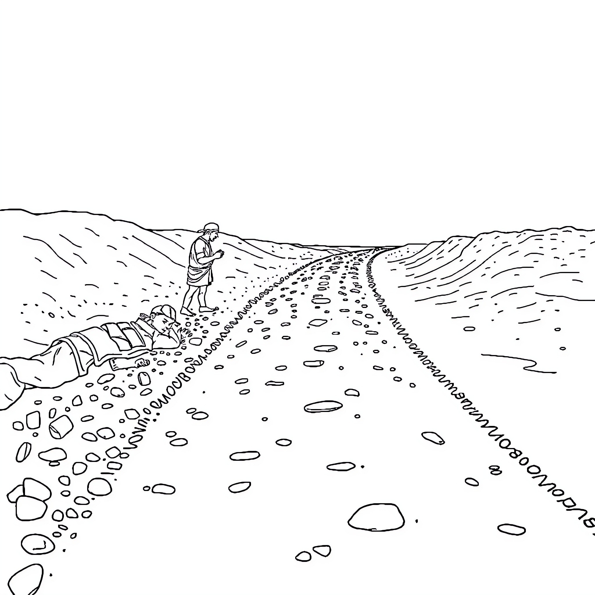 Roman Road through rocky countryside Coloring Page (free black-and-white line drawing printable PDF for all, from beginners to advanced learners, including children, teens, adults, and seniors)
