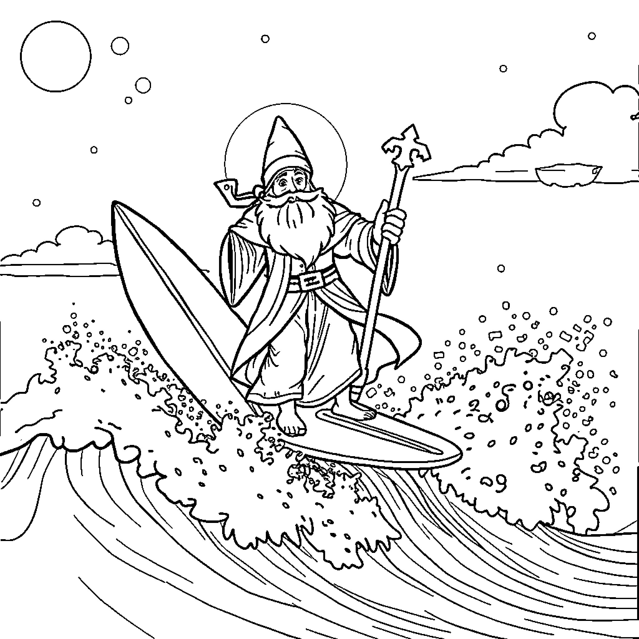 Saint Nicolas surfing on the waves Coloring Page (free black-and-white line drawing printable PDF for all, from beginners to advanced learners, including children, teens, adults, and seniors)