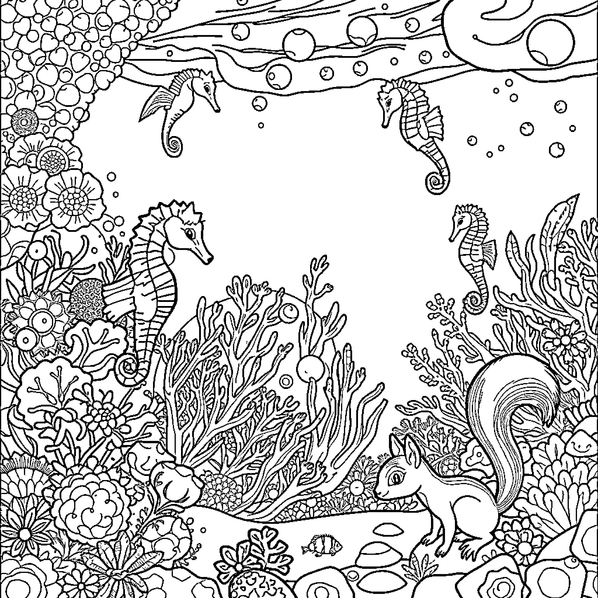 Seahorse playing in the underwater garden Coloring Page (free black-and-white line drawing printable PDF for all, from beginners to advanced learners, including children, teens, adults, and seniors)