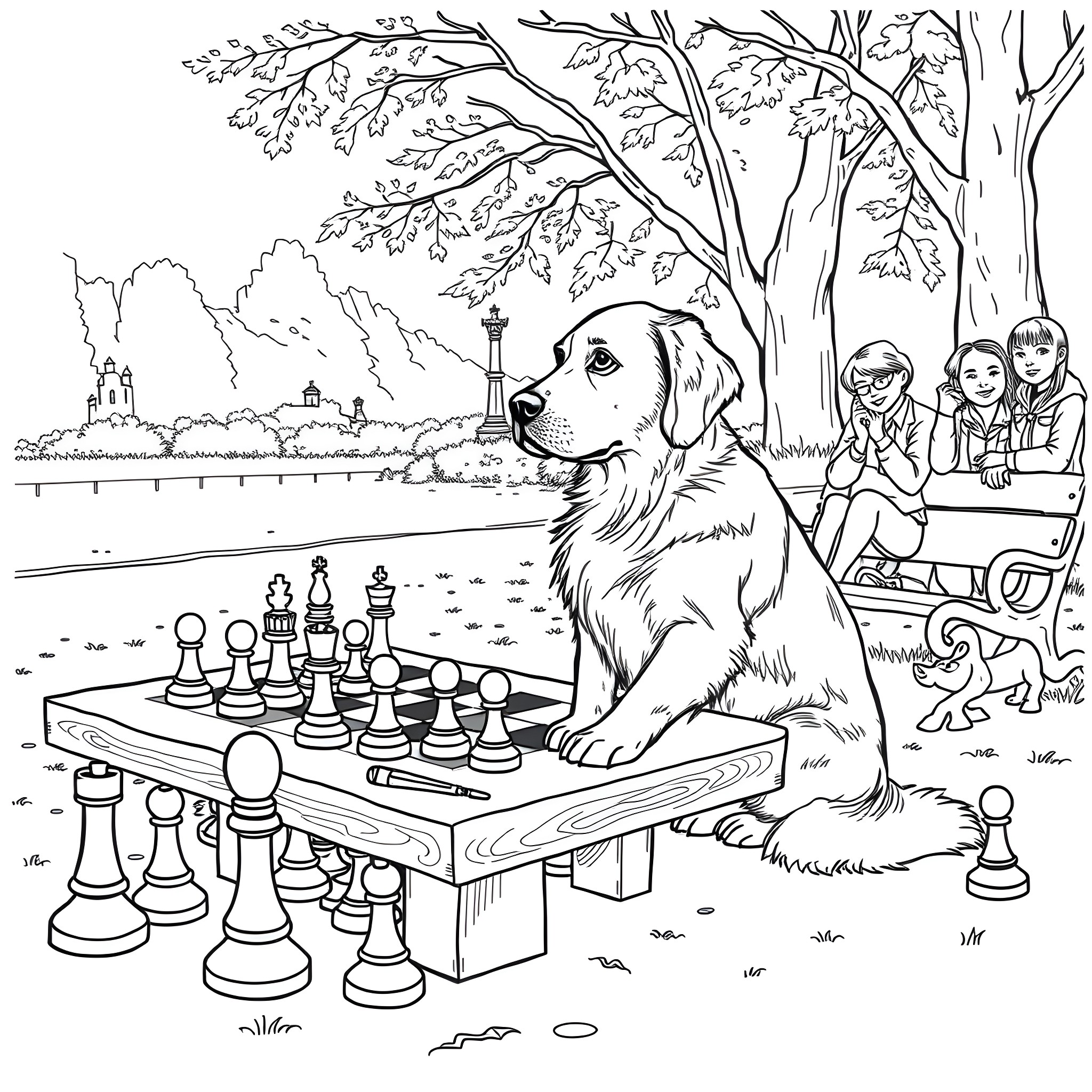 Airbud playing chess with children in the park Coloring Page (free black-and-white line drawing printable PDF for all, from beginners to advanced learners, including children, teens, adults, and seniors)