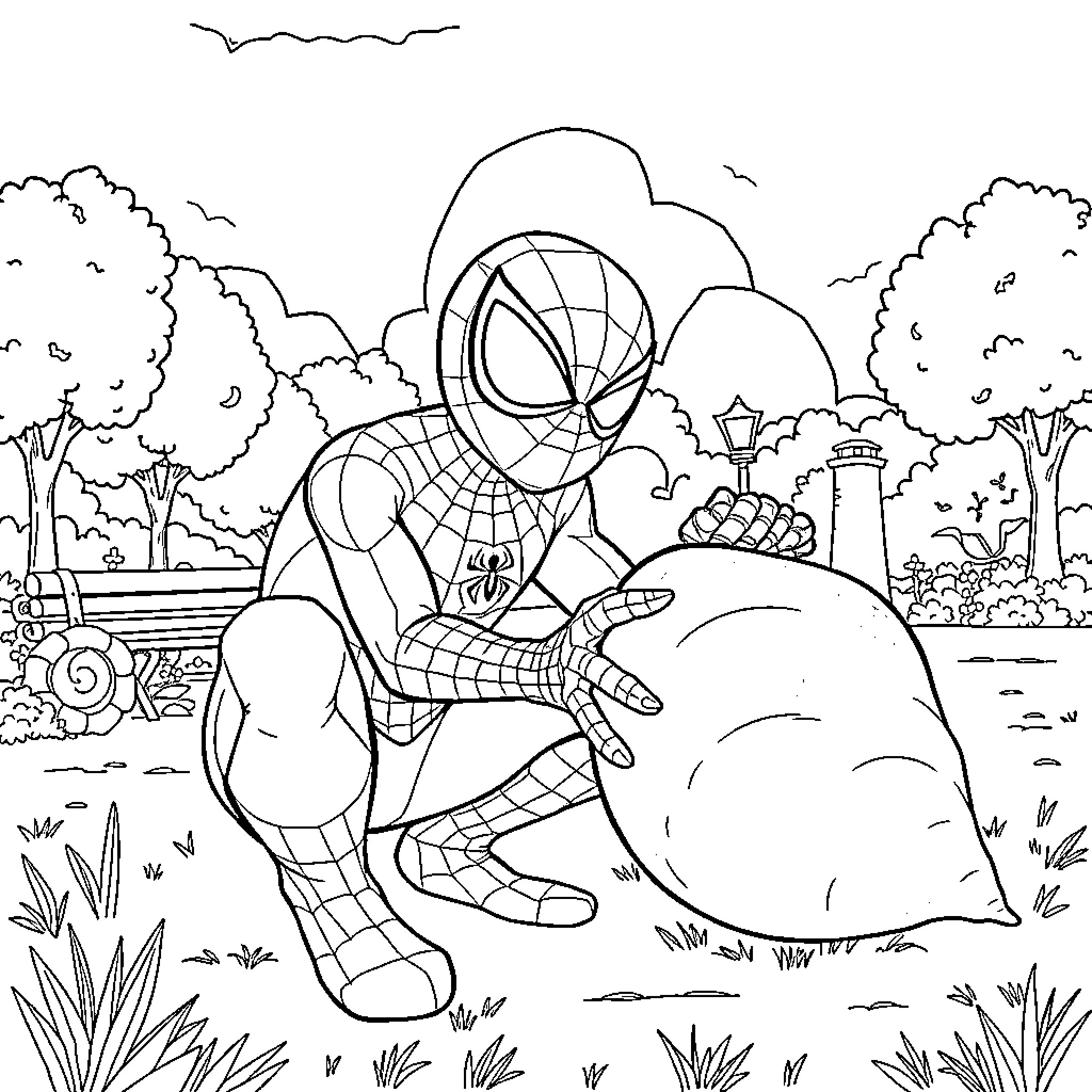 Spiderman swinging through the city landscape Coloring Page (free black-and-white line drawing printable PDF for all, from beginners to advanced learners, including children, teens, adults, and seniors)