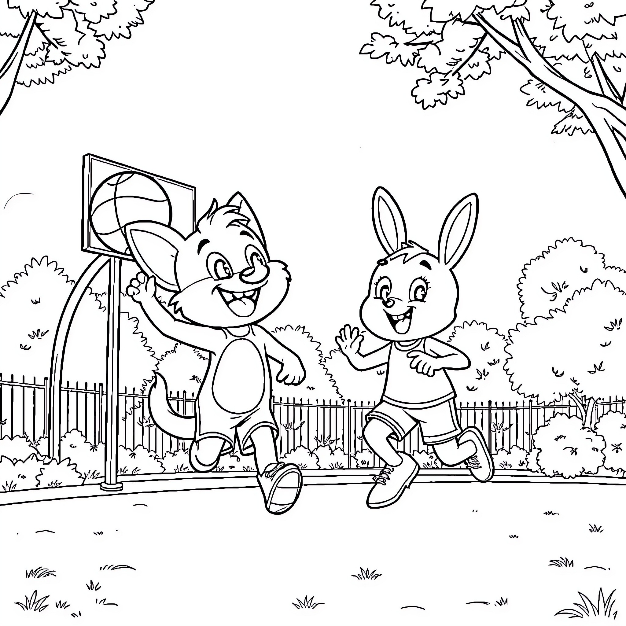 Bluey and Bingo playing happily in the park Coloring Page (free black-and-white line drawing printable PDF for all, from beginners to advanced learners, including children, teens, adults, and seniors)