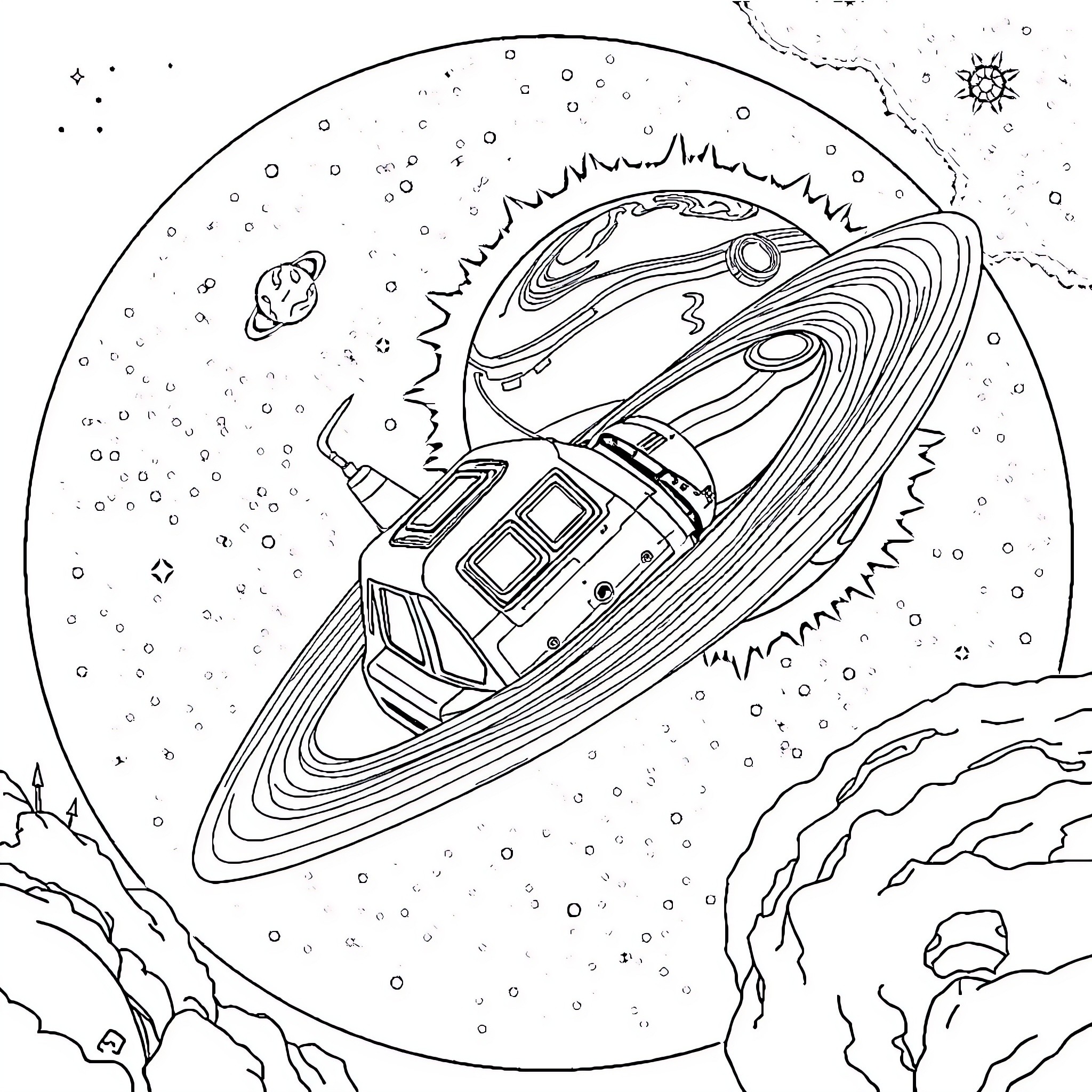 Système Solaire: Futuristic Spacecraft Exploring the Cosmos Coloring Page (free black-and-white line drawing printable PDF for all, from beginners to advanced learners, including children, teens, adults, and seniors)