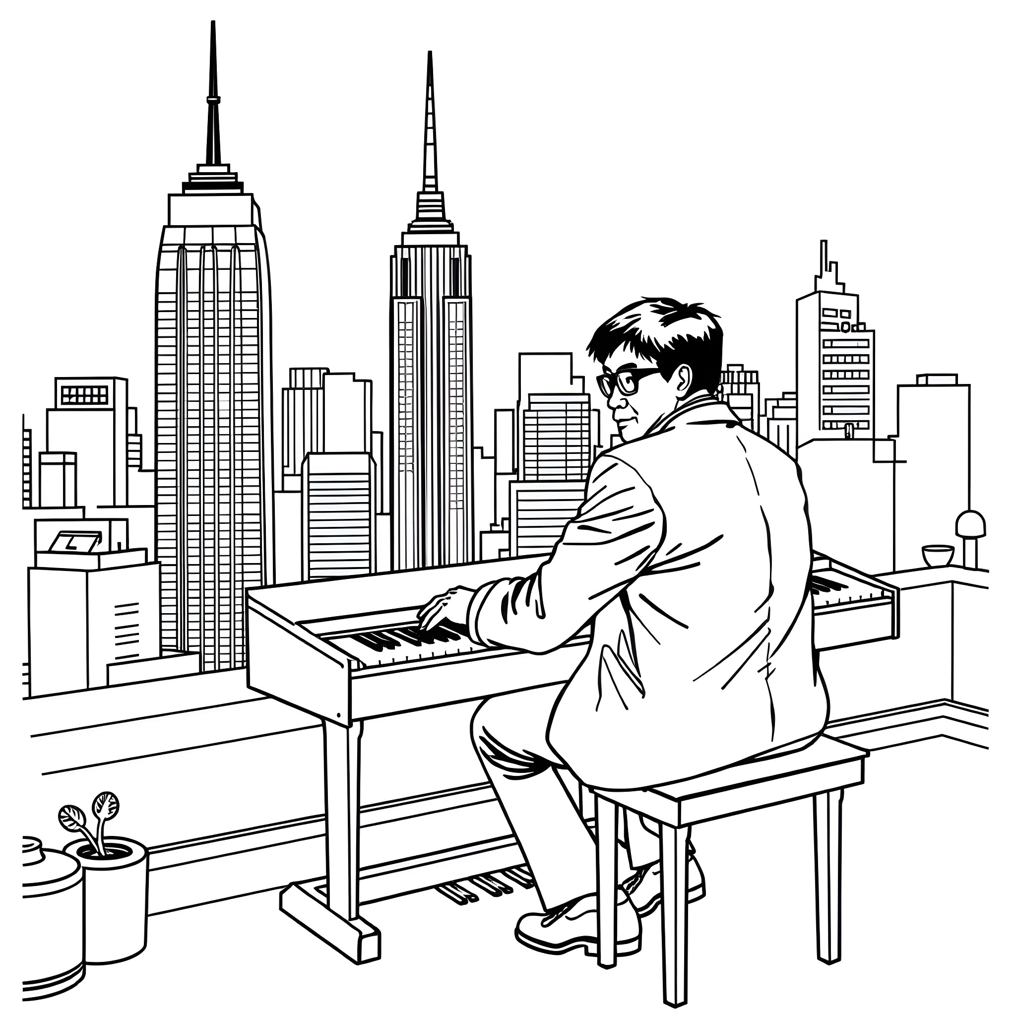 Jackie Chan playing piano with New York City skyline Coloring Page (free black-and-white line drawing printable PDF for all, from beginners to advanced learners, including children, teens, adults, and seniors)