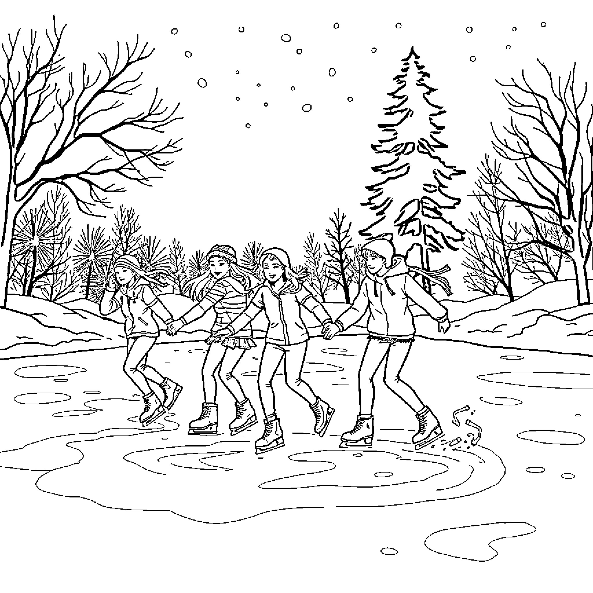 Teens ice skating in snowy winter scene Coloring Page (free black-and-white line drawing printable PDF for all, from beginners to advanced learners, including children, teens, adults, and seniors)
