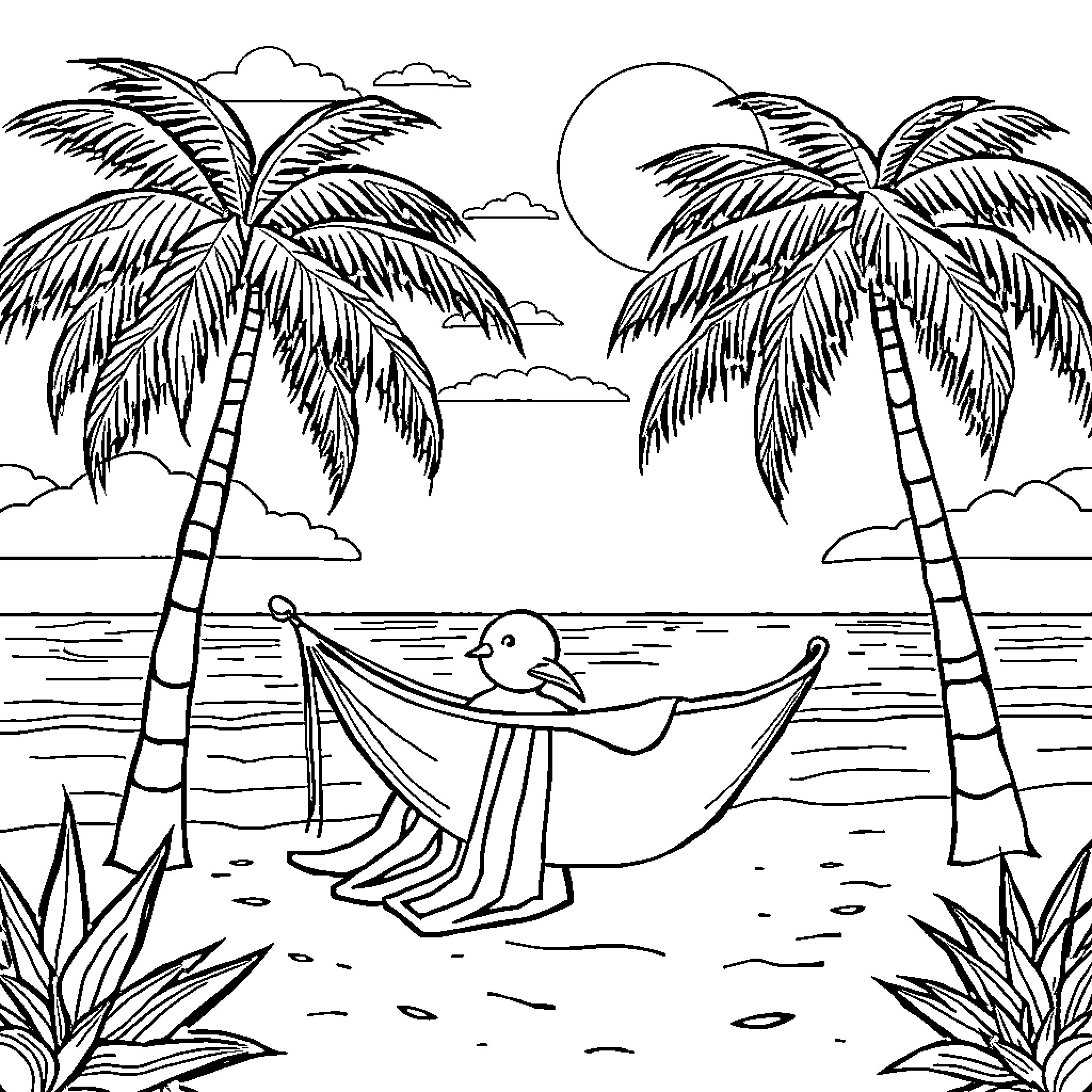 Playa with relaxing duck in hammock under palm trees Coloring Page (free black-and-white line drawing printable PDF for all, from beginners to advanced learners, including children, teens, adults, and seniors)