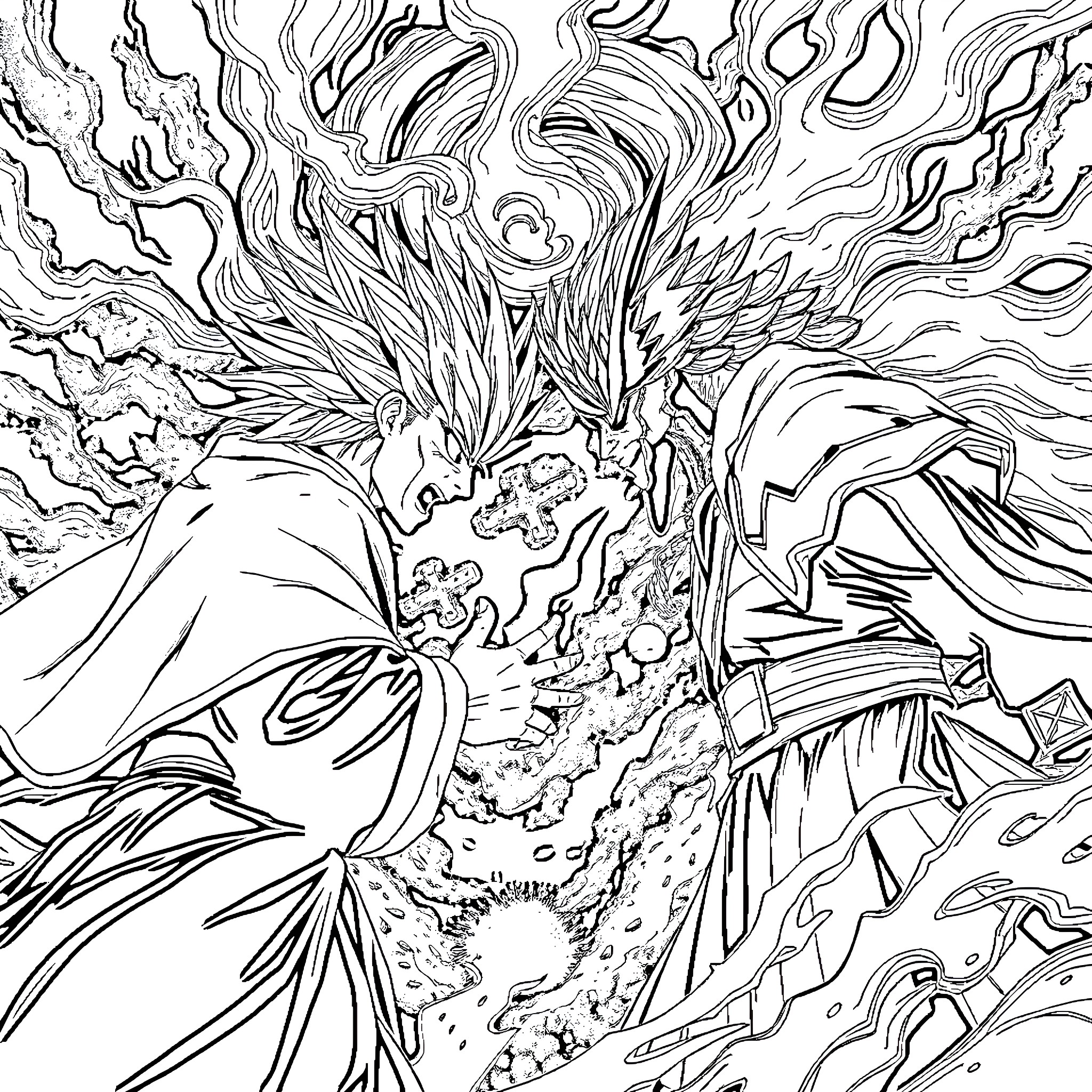 Sukuna, the Powerful Demonic Entity in Action Coloring Page (free black-and-white line drawing printable PDF for all, from beginners to advanced learners, including children, teens, adults, and seniors)